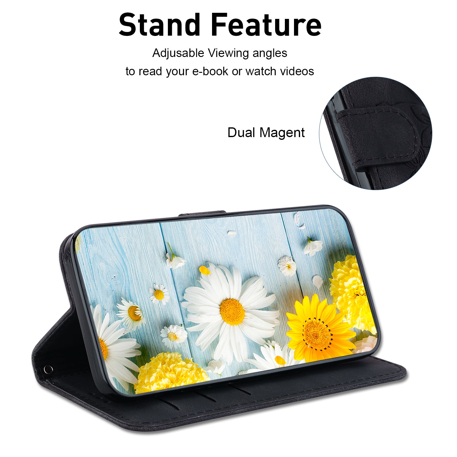 For Realme 11 4G (159.9x73.3x7.95mm) Wallet Leather Phone Case Flower Pattern - Black