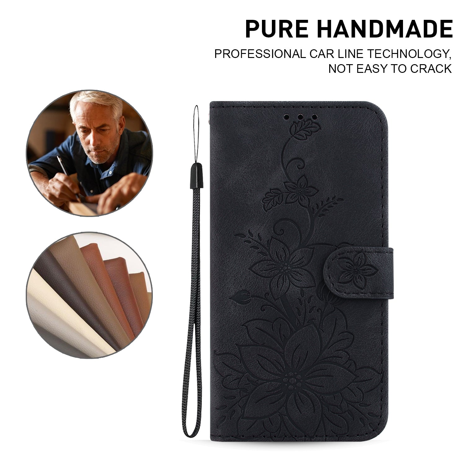 For Realme 11 4G (159.9x73.3x7.95mm) Wallet Leather Phone Case Flower Pattern - Black