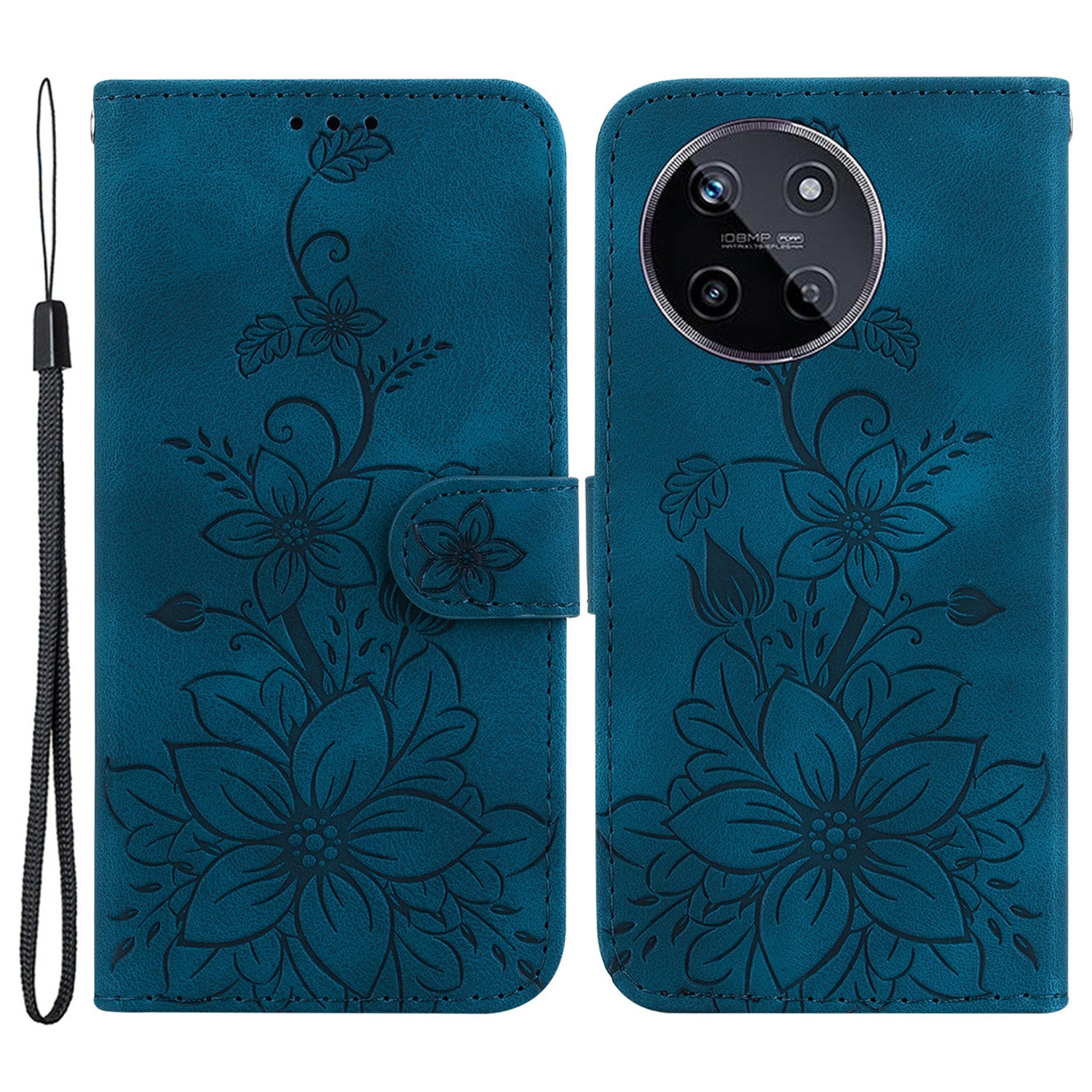 For Realme 11 4G (159.9x73.3x7.95mm) Wallet Leather Phone Case Flower Pattern - Black