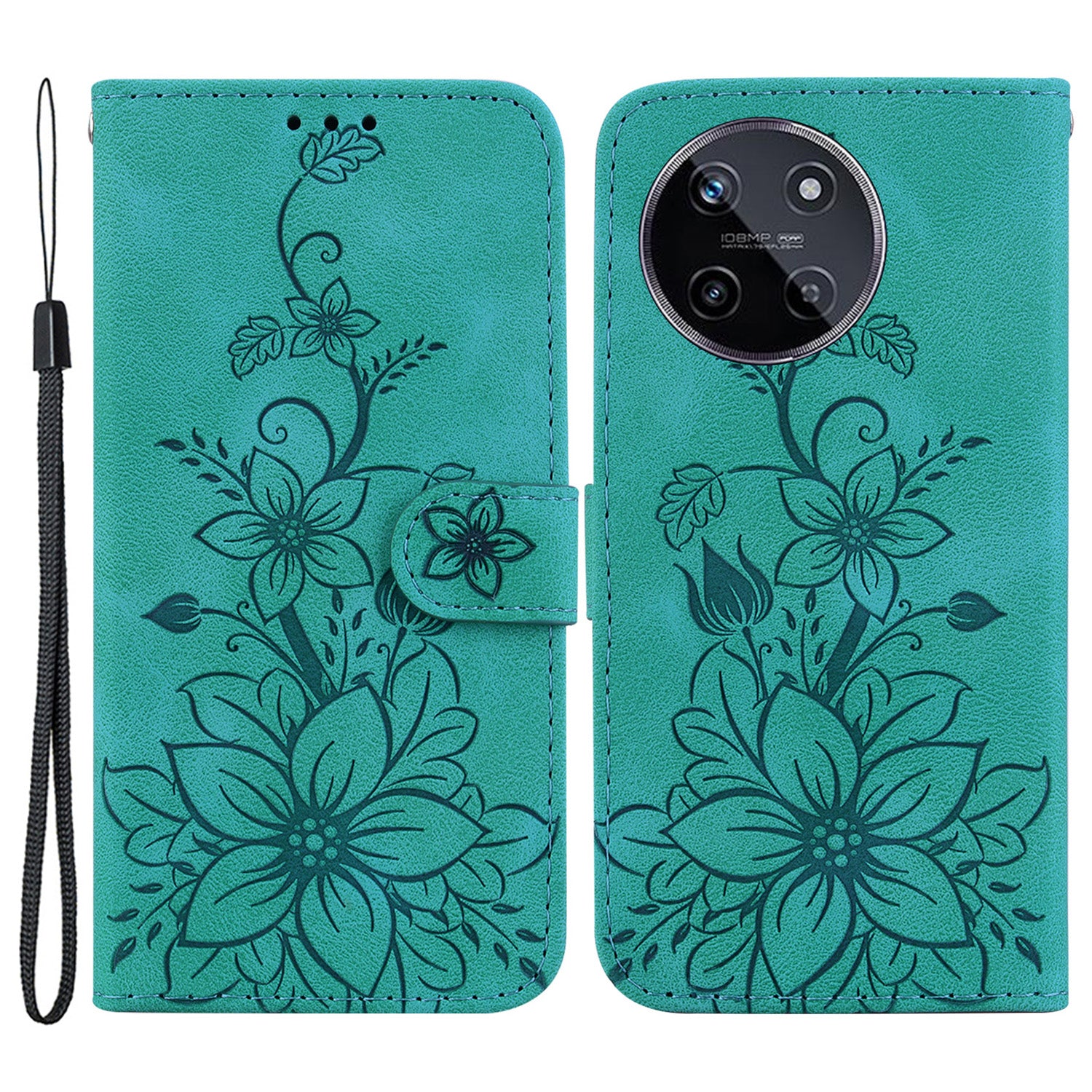 For Realme 11 4G (159.9x73.3x7.95mm) Wallet Leather Phone Case Flower Pattern - Black