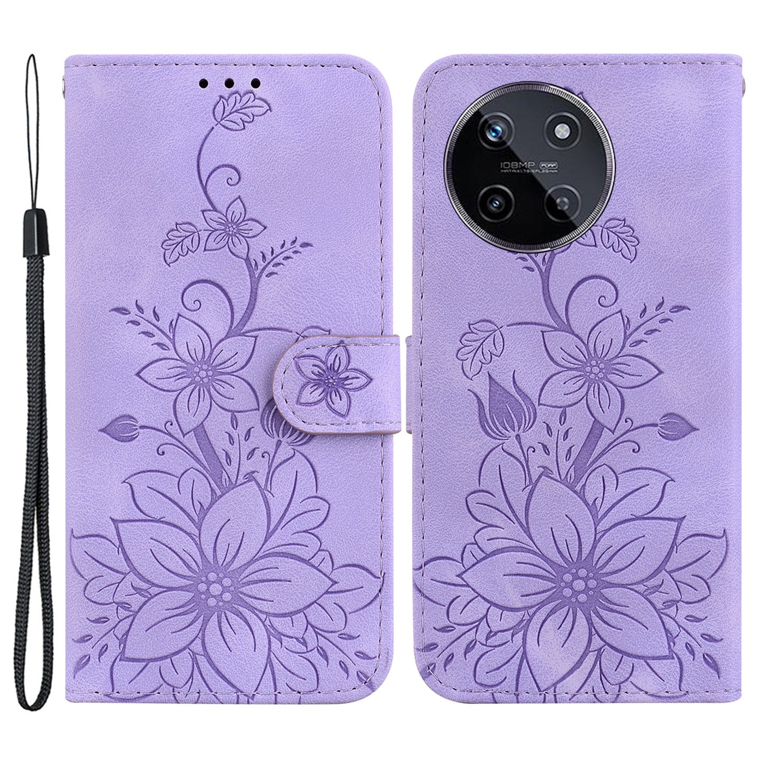 For Realme 11 4G (159.9x73.3x7.95mm) Wallet Leather Phone Case Flower Pattern - Black