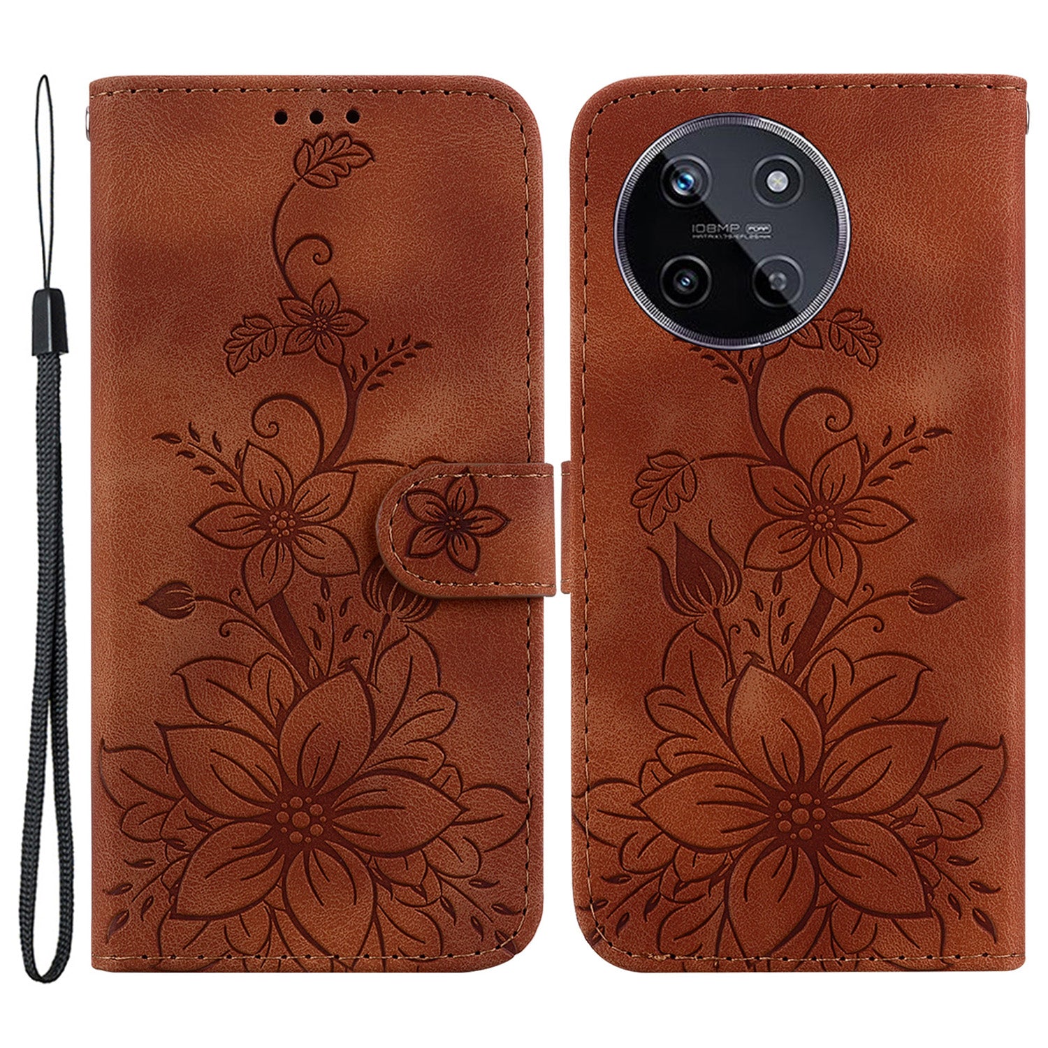 For Realme 11 4G (159.9x73.3x7.95mm) Wallet Leather Phone Case Flower Pattern - Black