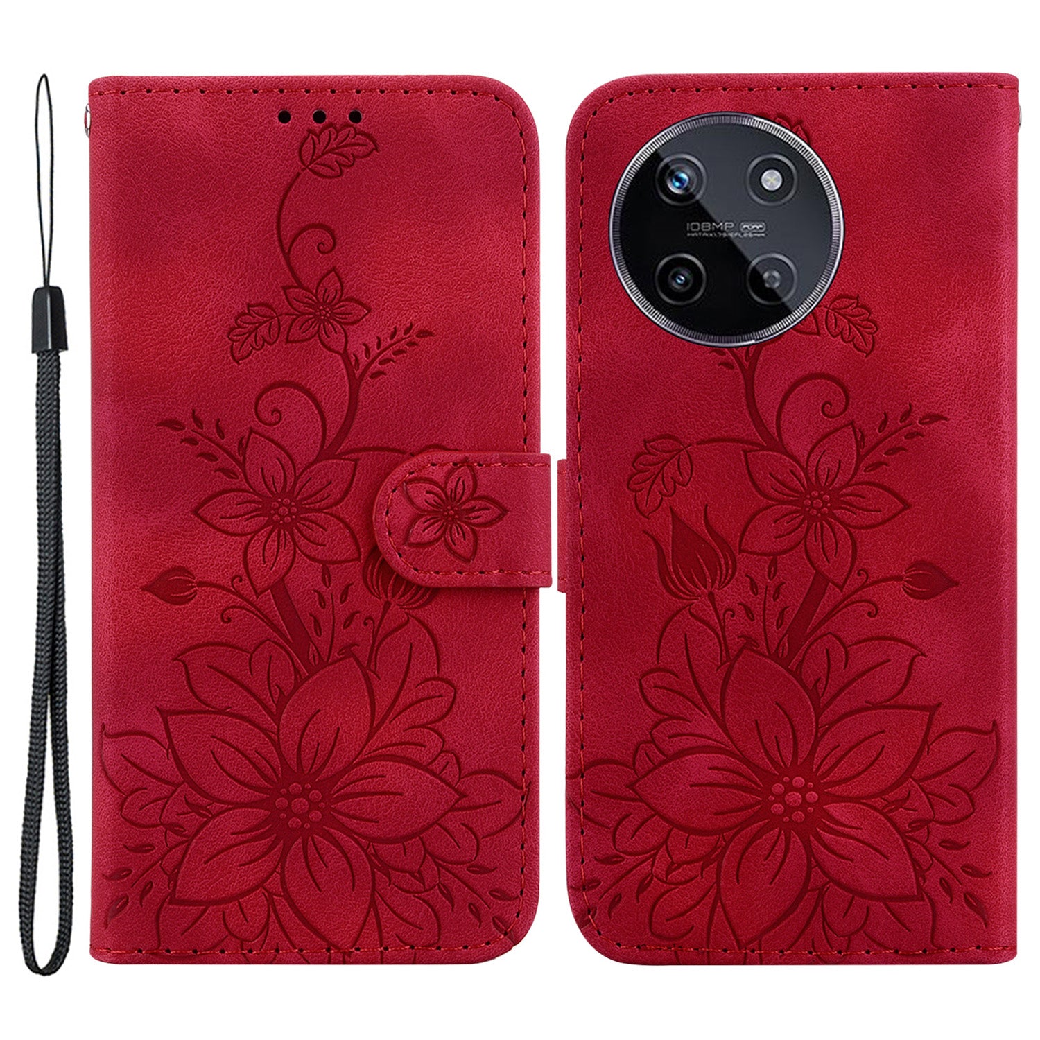 For Realme 11 4G (159.9x73.3x7.95mm) Wallet Leather Phone Case Flower Pattern - Black