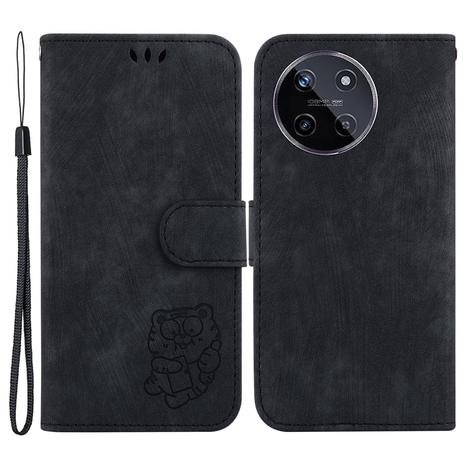 For Realme 11 4G (159.9x73.3x7.95mm) Phone Case Wallet Cover Tiger Pattern Imprinted - Black