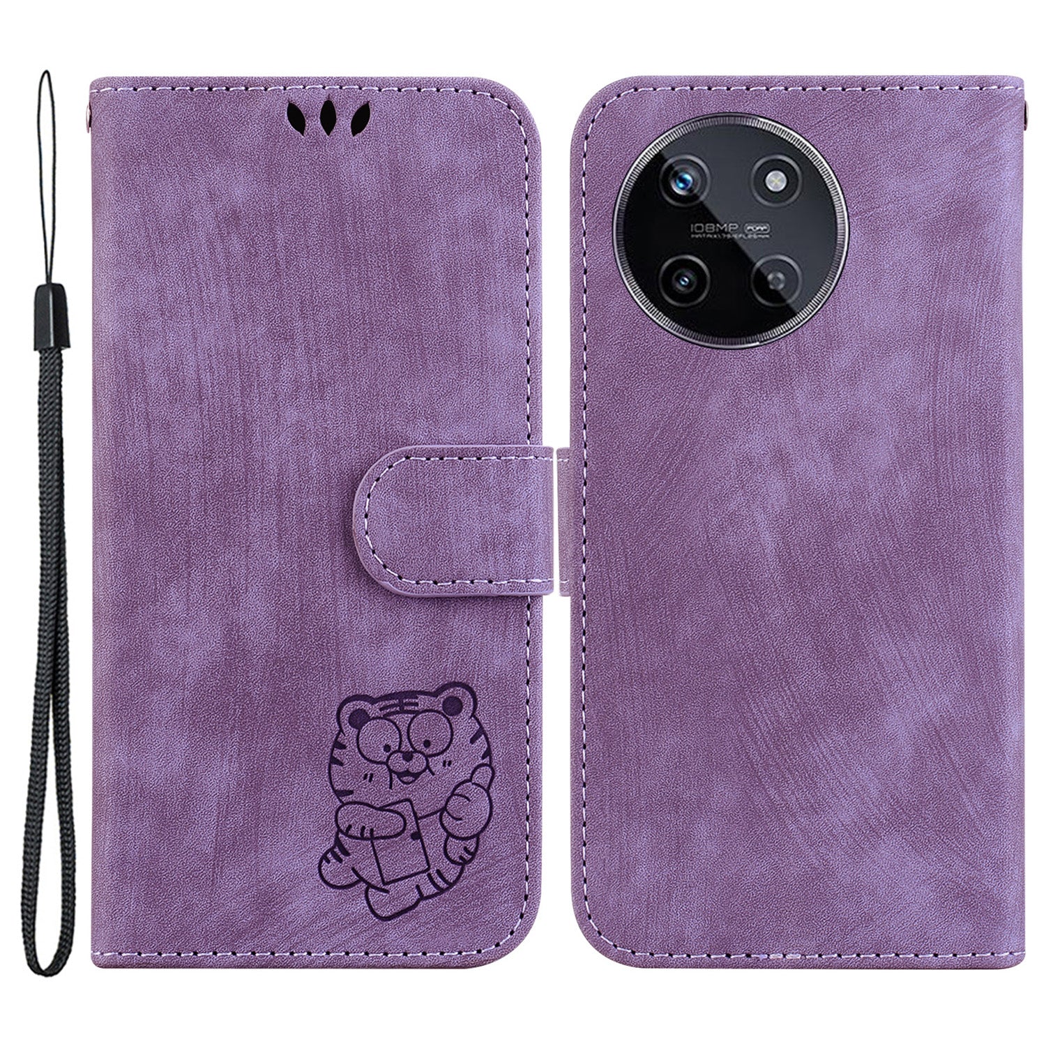 For Realme 11 4G (159.9x73.3x7.95mm) Phone Case Wallet Cover Tiger Pattern Imprinted - Black