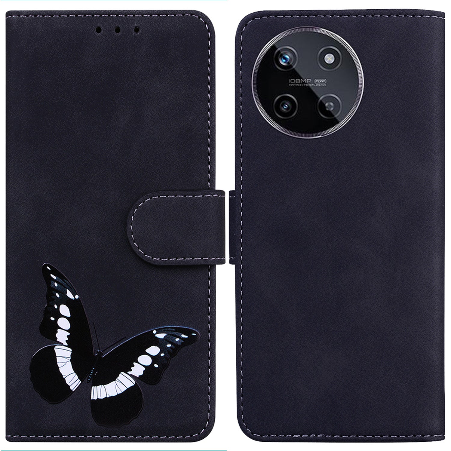 For Realme 11 4G (159.9x73.3x7.95mm) Leather Case Butterfly Pattern Wallet Cover - Black