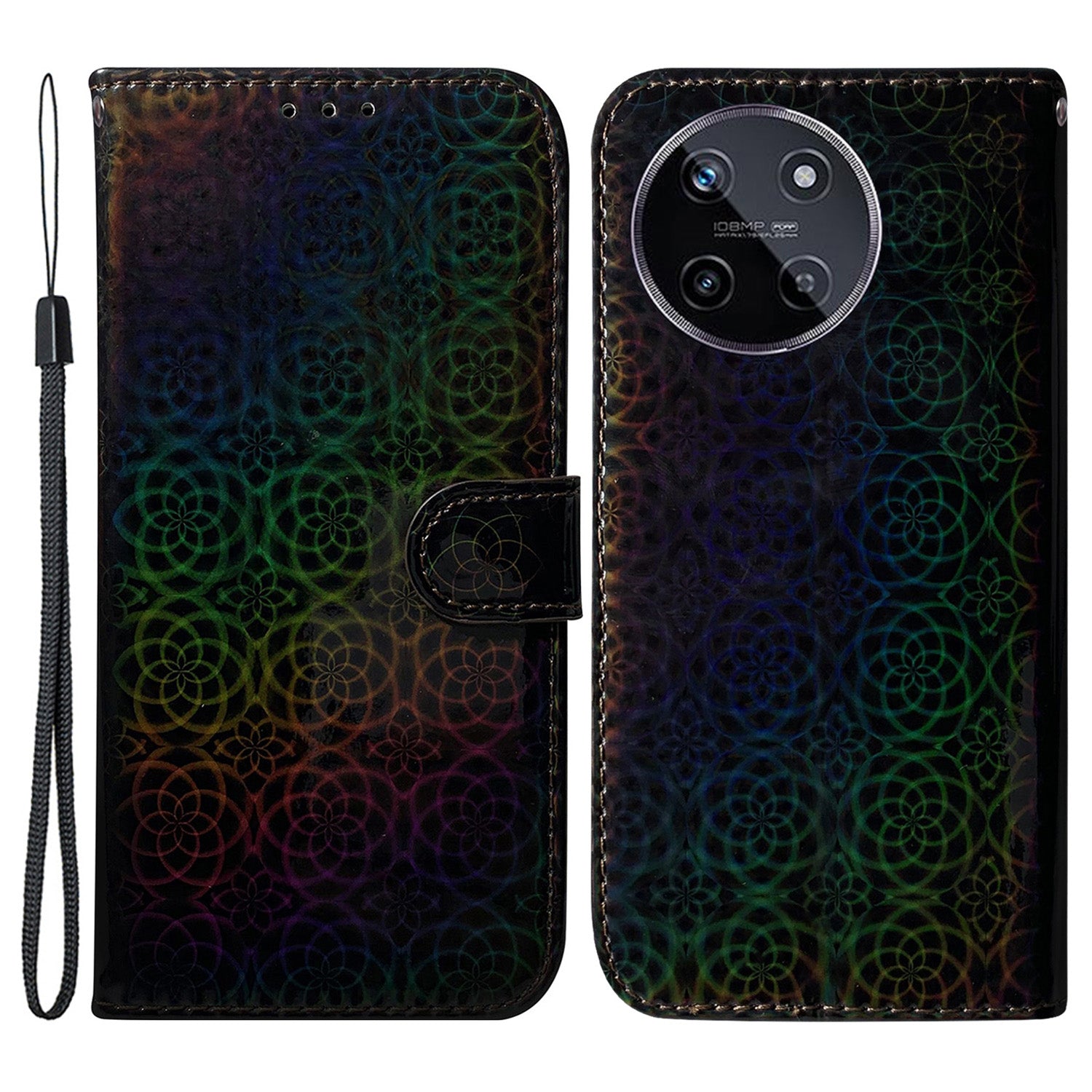 For Realme 11 4G (159.9x73.3x7.95mm) Leather Case Dazzling Flower Phone Wallet - Black