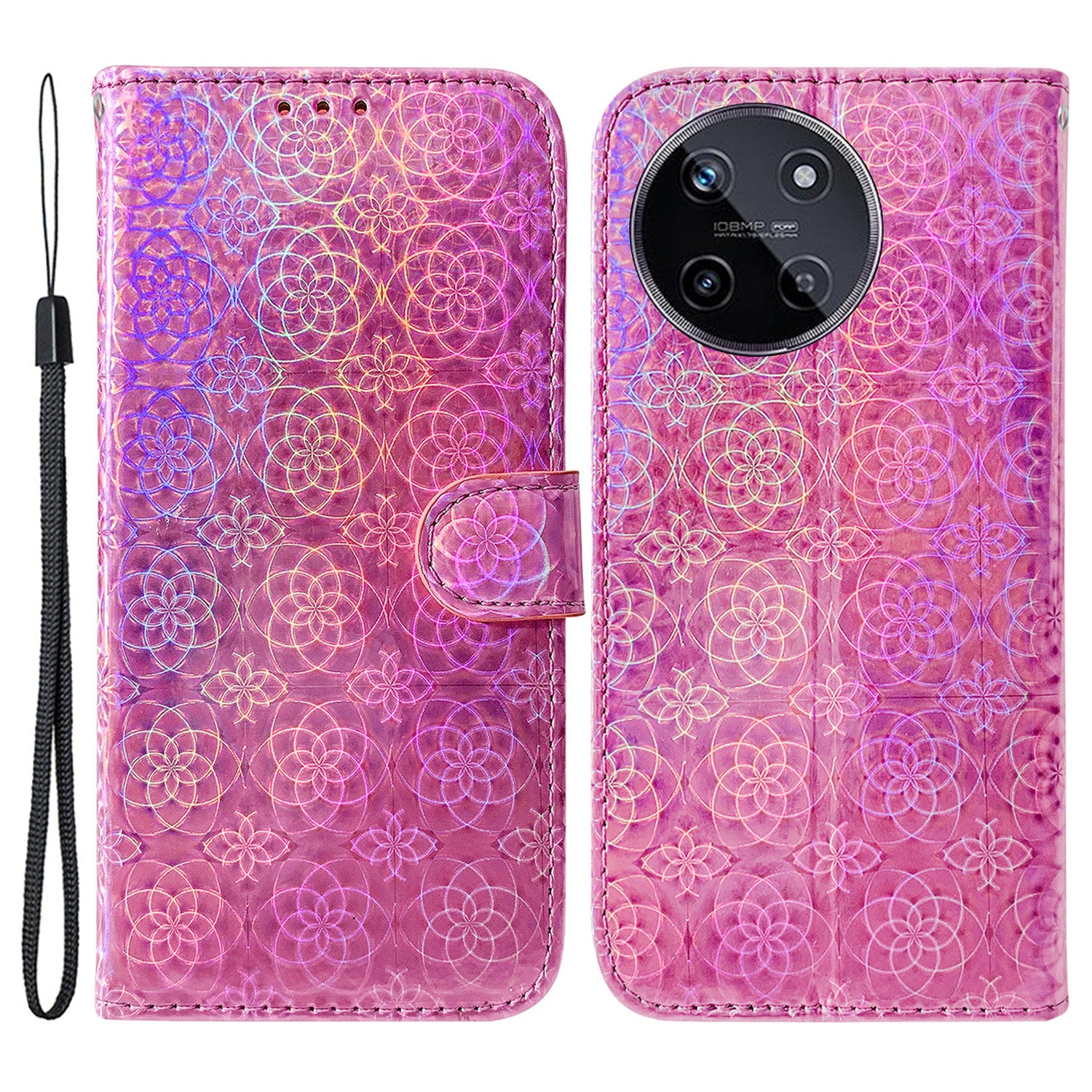For Realme 11 4G (159.9x73.3x7.95mm) Leather Case Dazzling Flower Phone Wallet - Black