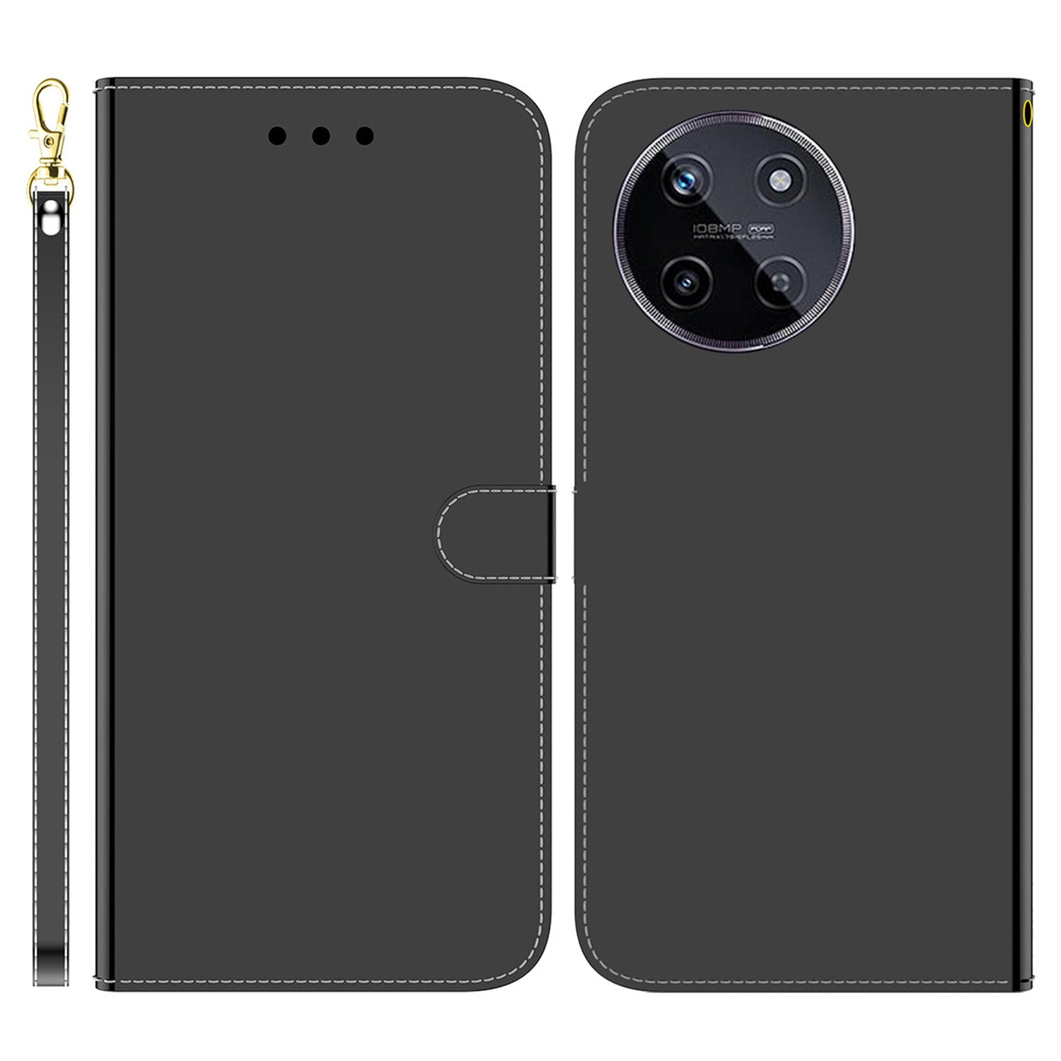 For Realme 11 4G (159.9x73.3x7.95mm) Mirror-Like Surface Phone Case Leather Wallet Cover - Black