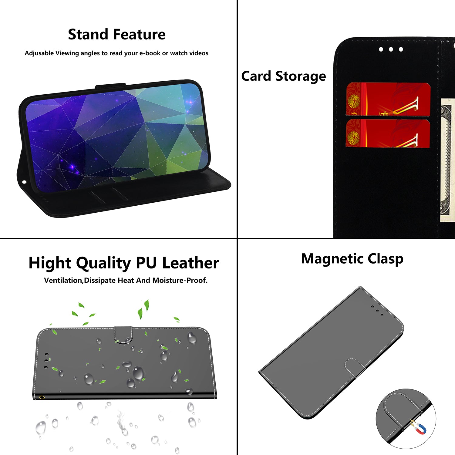For Realme 11 4G (159.9x73.3x7.95mm) Mirror-Like Surface Phone Case Leather Wallet Cover - Black