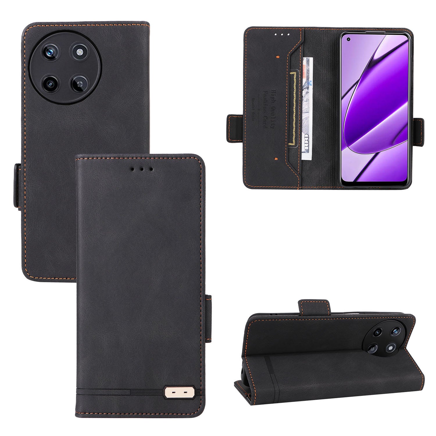 For Realme 11 4G (159.9x73.3x7.95mm) Flip Leather Phone Case Wallet Stand Cover - Black