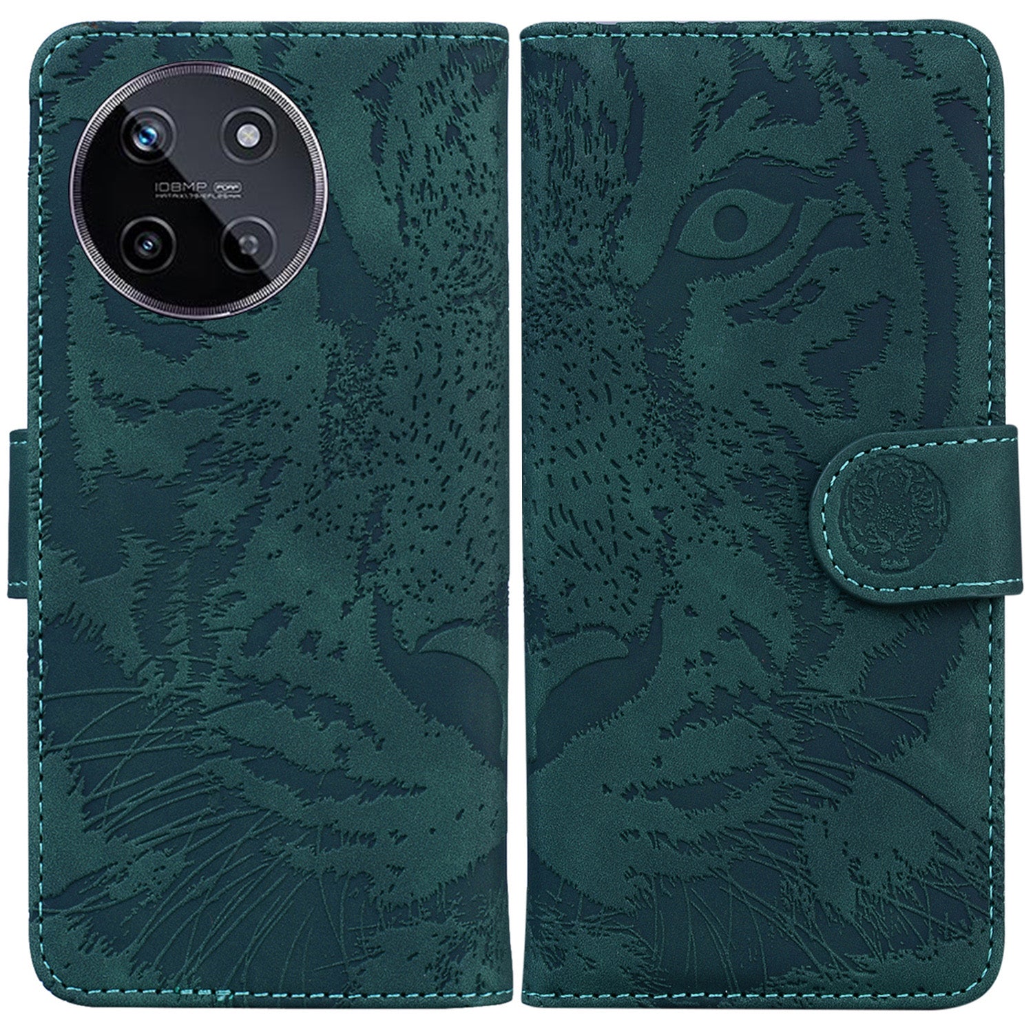 For Realme 11 4G (159.9x73.3x7.95mm) Leather Wallet Case Tiger Pattern Phone Cover - Black