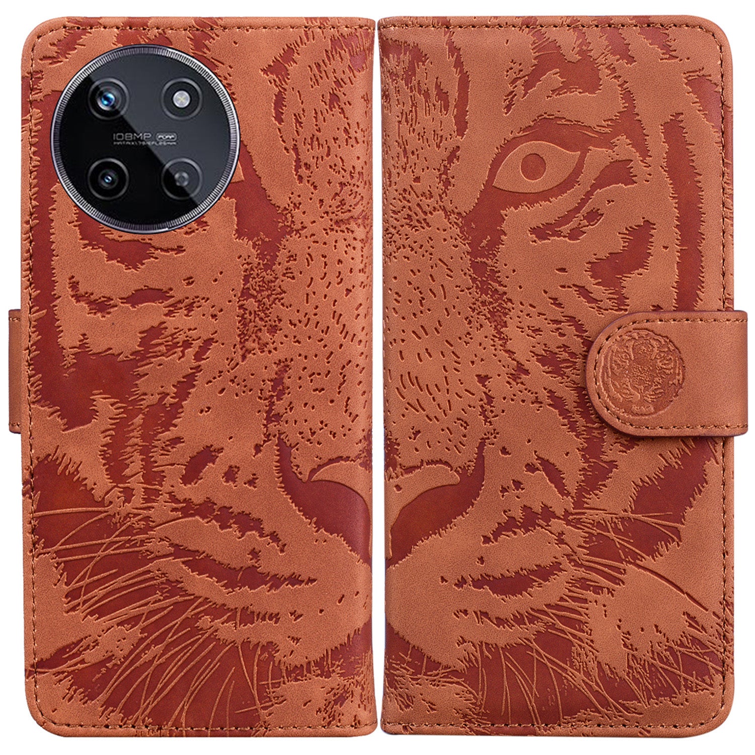 For Realme 11 4G (159.9x73.3x7.95mm) Leather Wallet Case Tiger Pattern Phone Cover - Black
