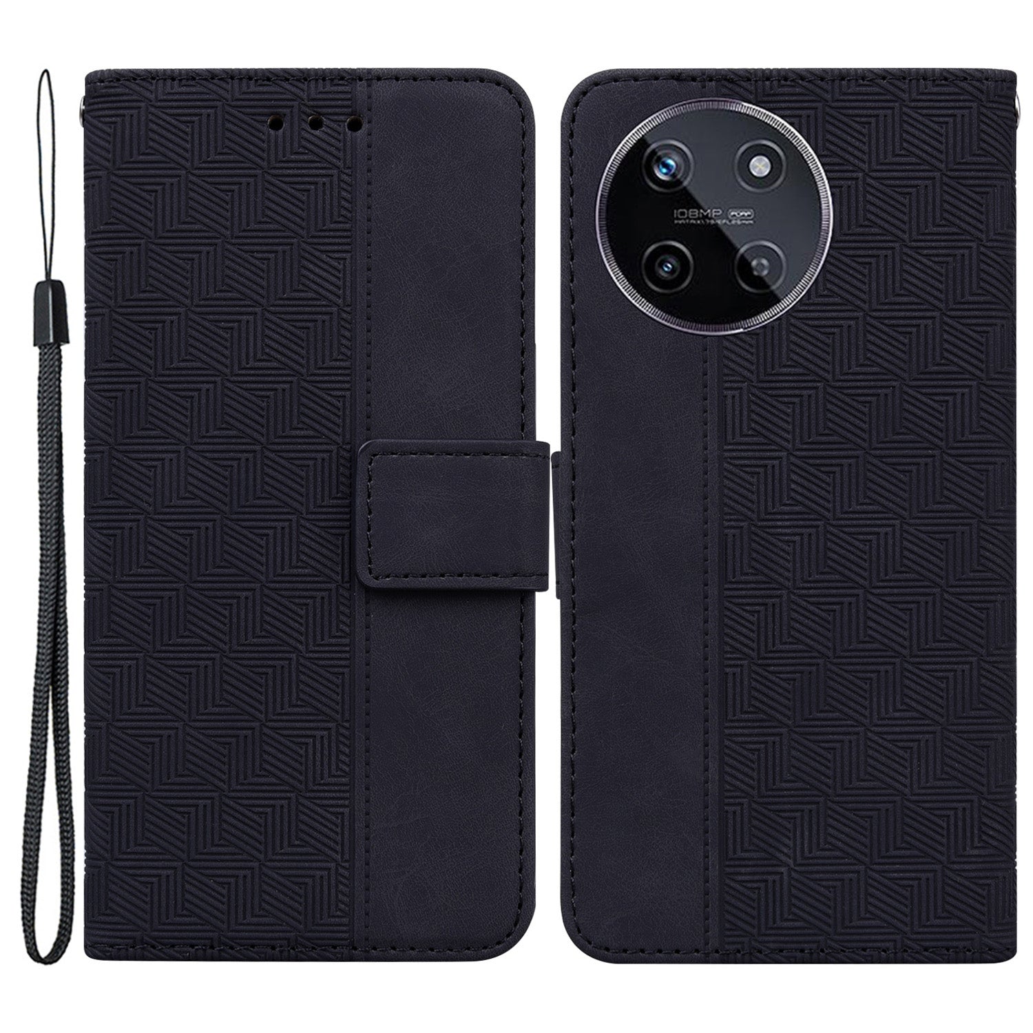 For Realme 11 4G (159.9x73.3x7.95mm) Leather Case Geometry Pattern Phone Wallet - Black