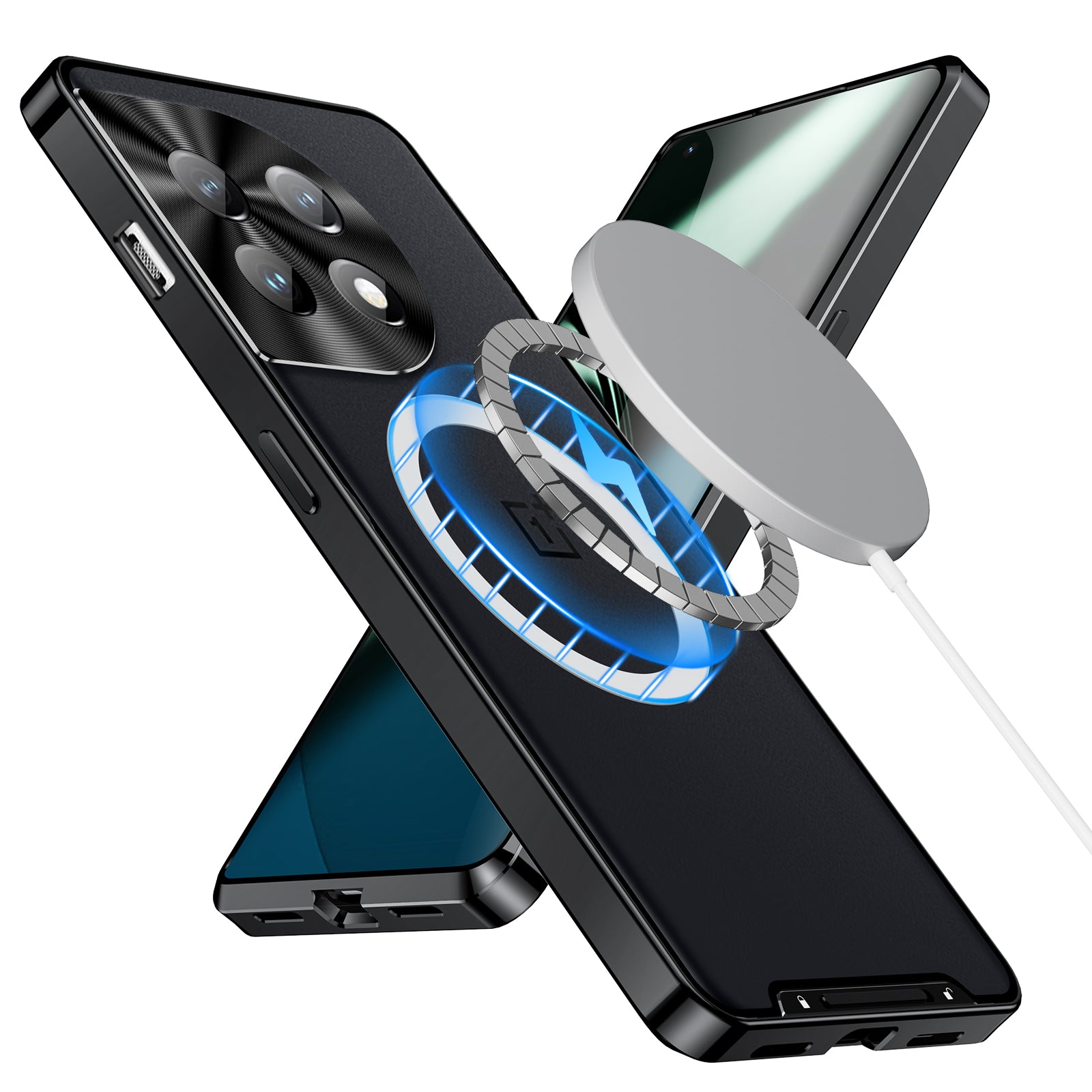 For OnePlus 12 5G Matte Case Compatible with MagSafe Metal Frame Protective Phone Cover - Black