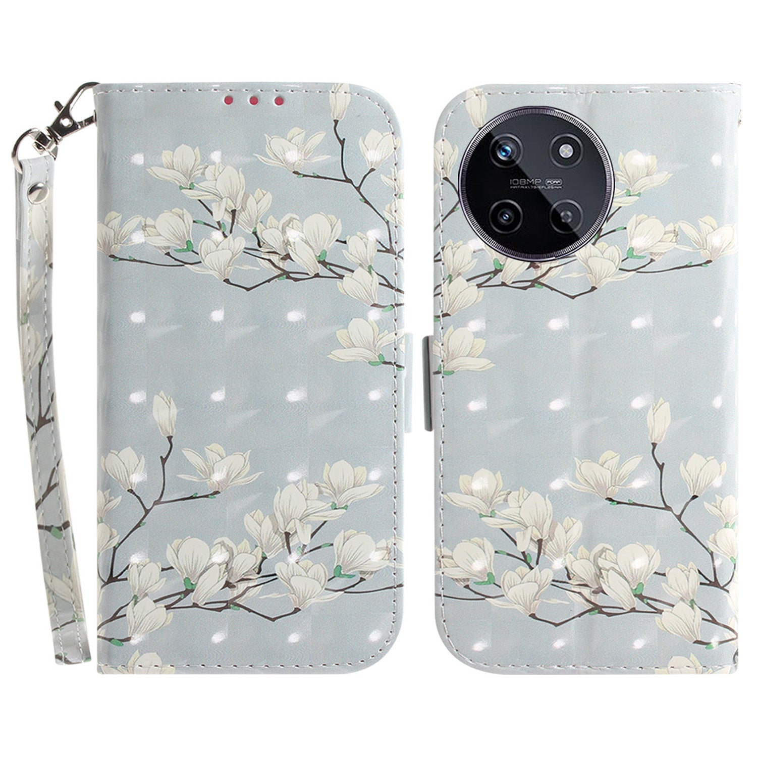 For Realme 11 4G (159.9x73.3x7.95mm) Case 3D Pattern Leather Phone Cover Wallet with Strap - Magnolia