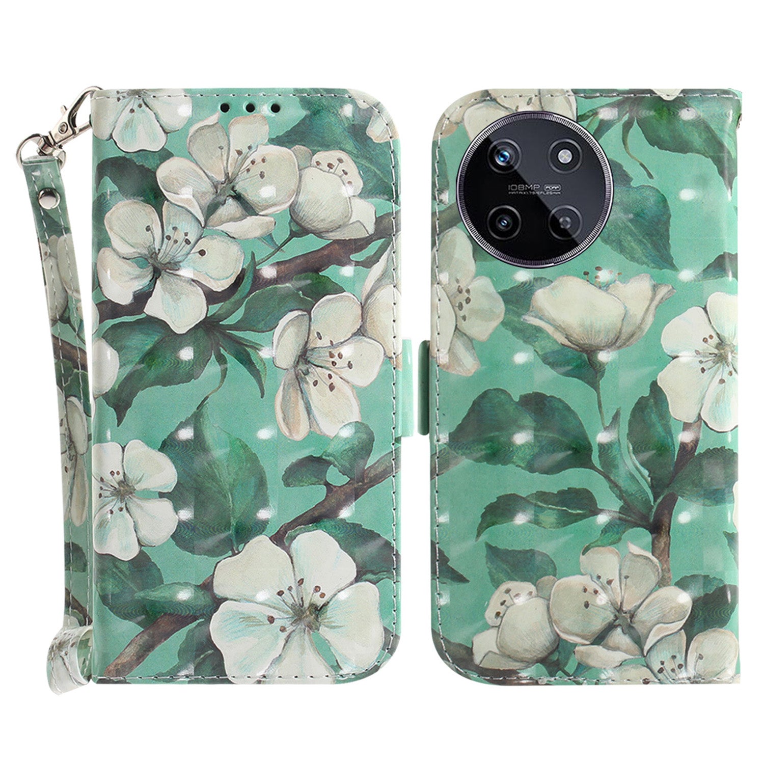 For Realme 11 4G (159.9x73.3x7.95mm) Case 3D Pattern Leather Phone Cover Wallet with Strap - Magnolia