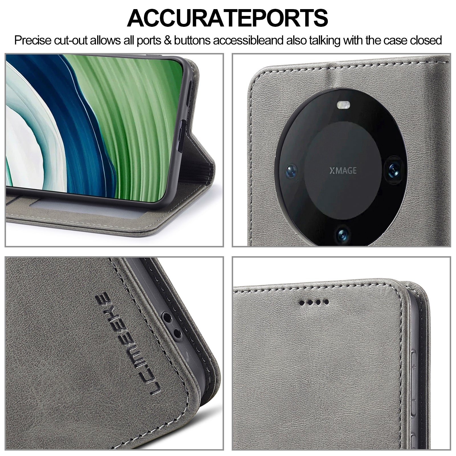 LC.IMEEKE For Huawei Mate 60 Pro+ / Mate 60 Pro Calf Texture Phone Case PU Leather Stand Wallet Cover - Grey