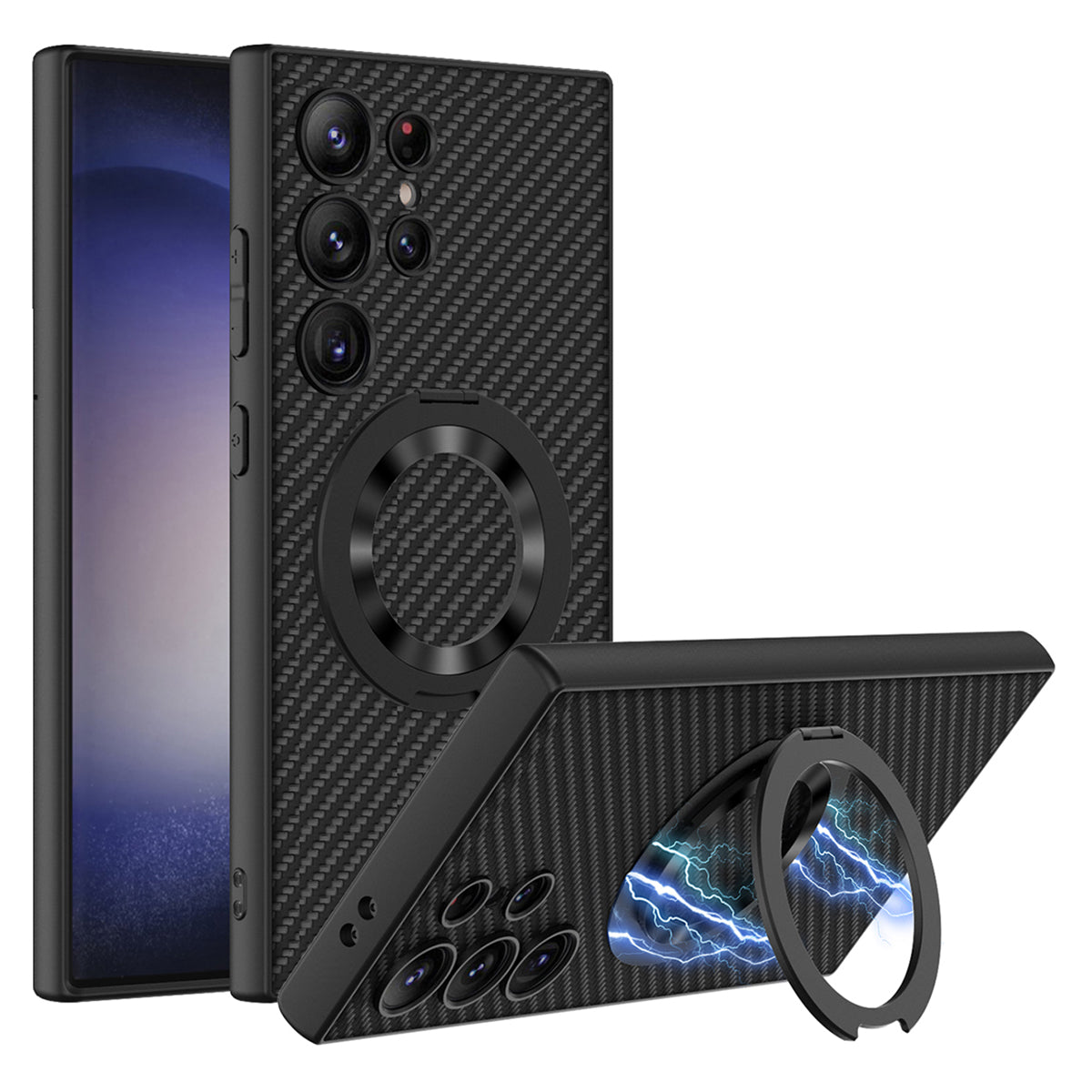 GKK For Samsung Galaxy S24 Ultra Magnetic Phone Case with Rotary Ring Kickstand - Carbon Fiber Texture