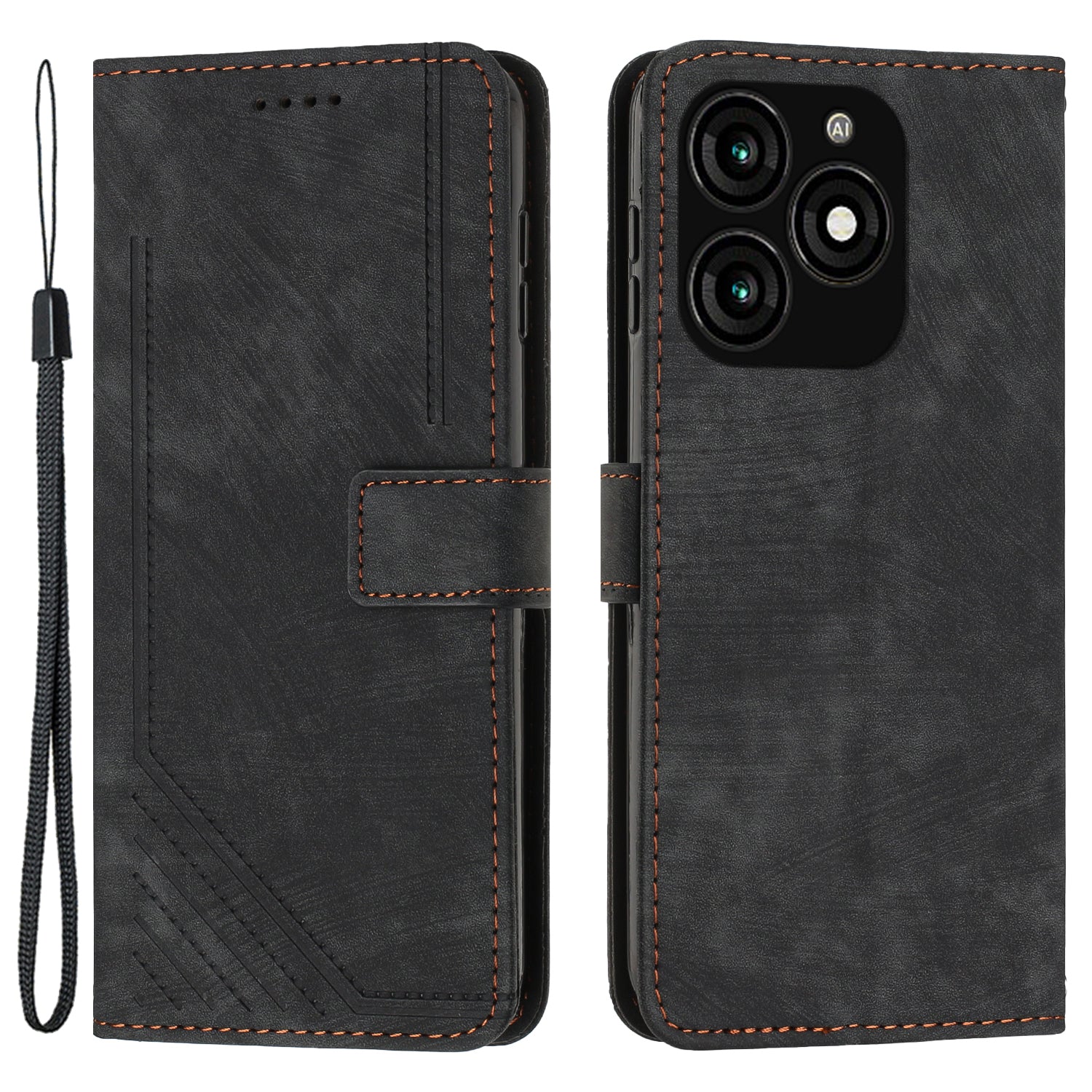 For Transsion itel A70 Leather Phone Case Skin-Friendly Folding Stand Cover Line Imprinted - Black