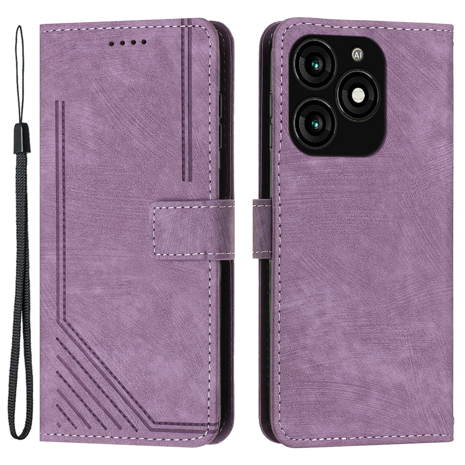 For Transsion itel A70 Leather Phone Case Skin-Friendly Folding Stand Cover Line Imprinted - Black