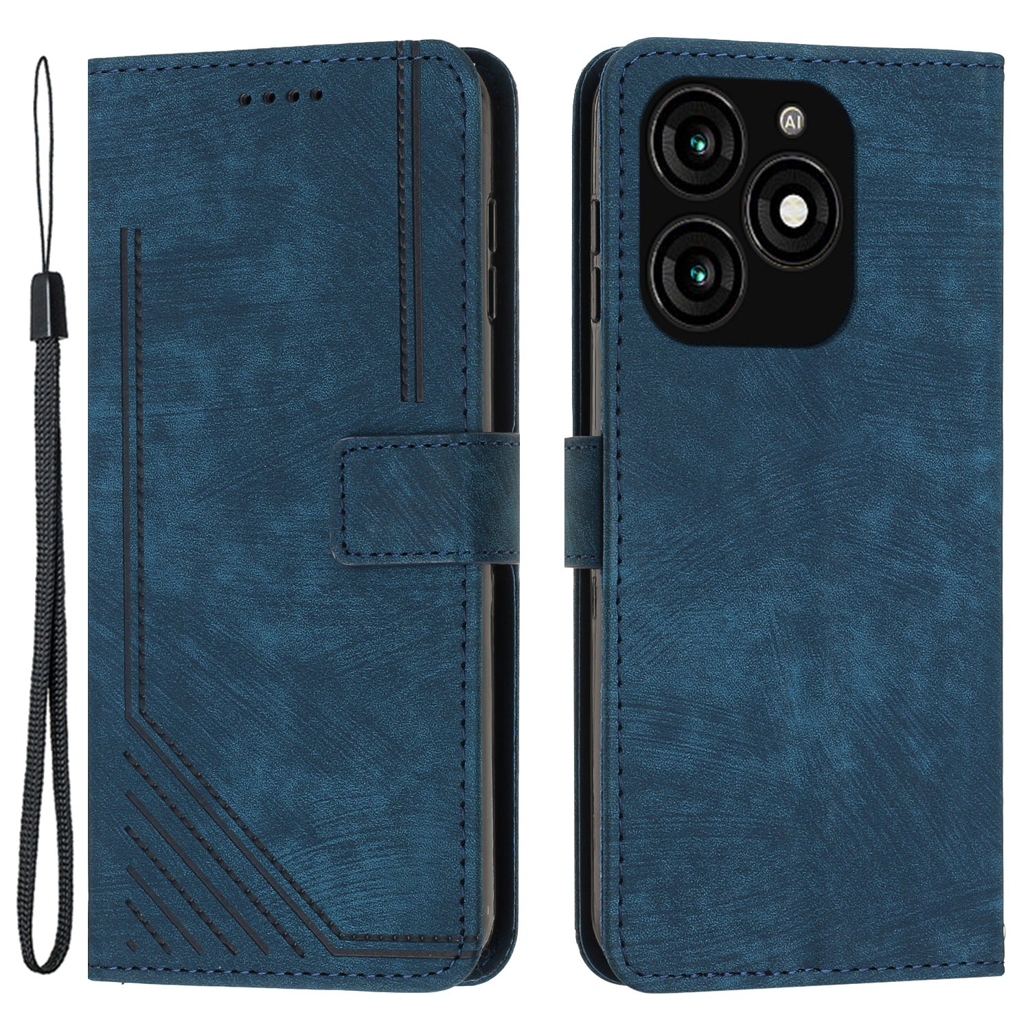 For Transsion itel A70 Leather Phone Case Skin-Friendly Folding Stand Cover Line Imprinted - Black