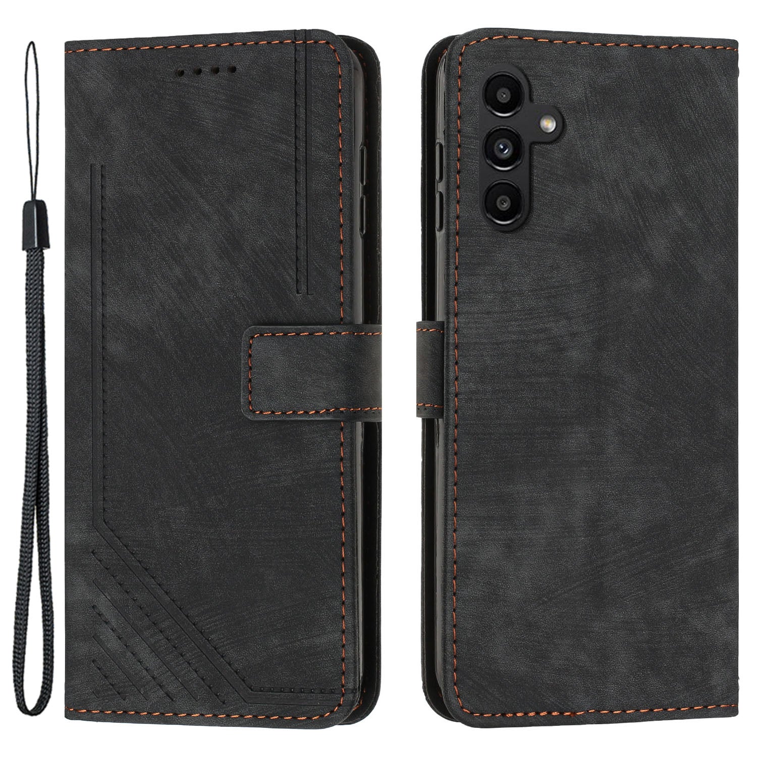 For Samsung Galaxy A55 5G Leather Cover Skin-Feel Finish Line Imprinted Phone Case - Black