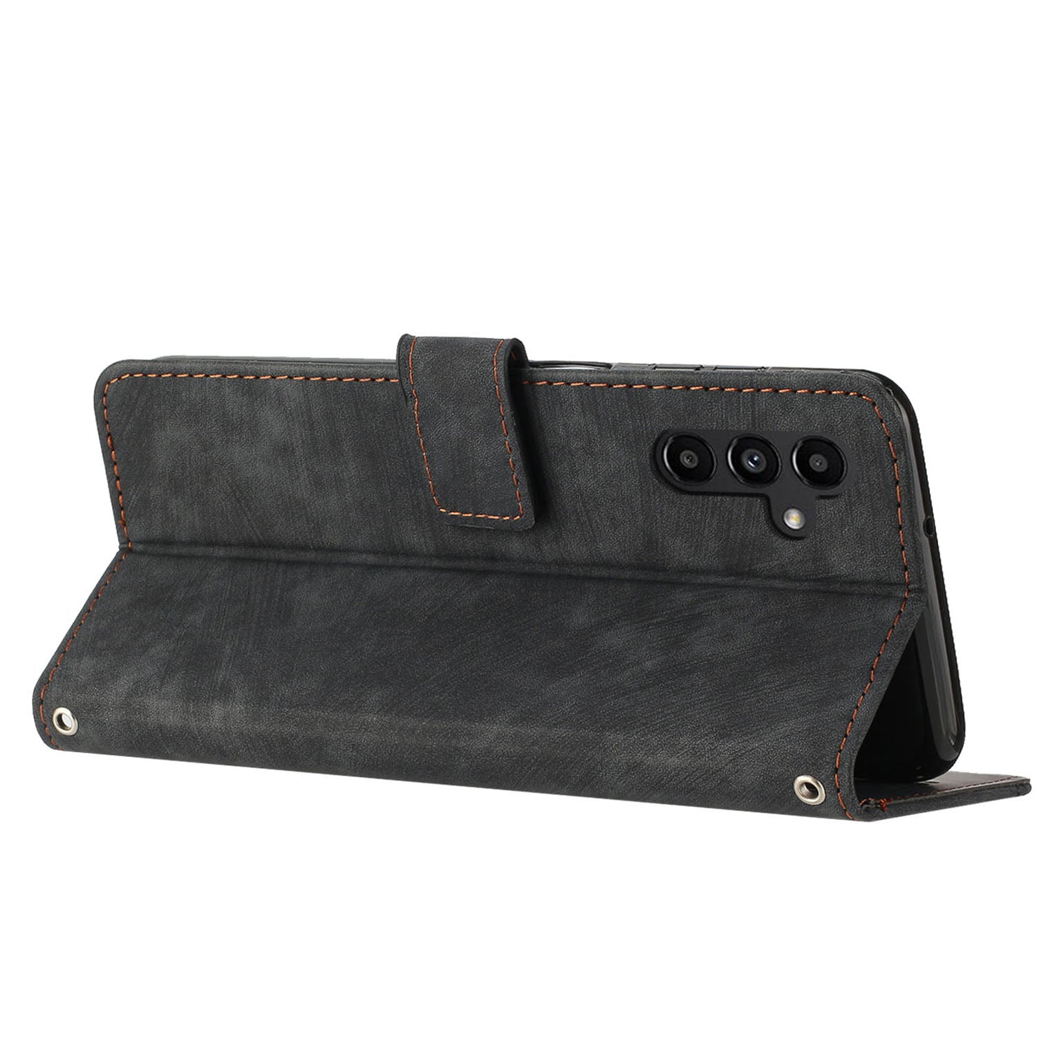 For Samsung Galaxy A55 5G Leather Cover Skin-Feel Finish Line Imprinted Phone Case - Black