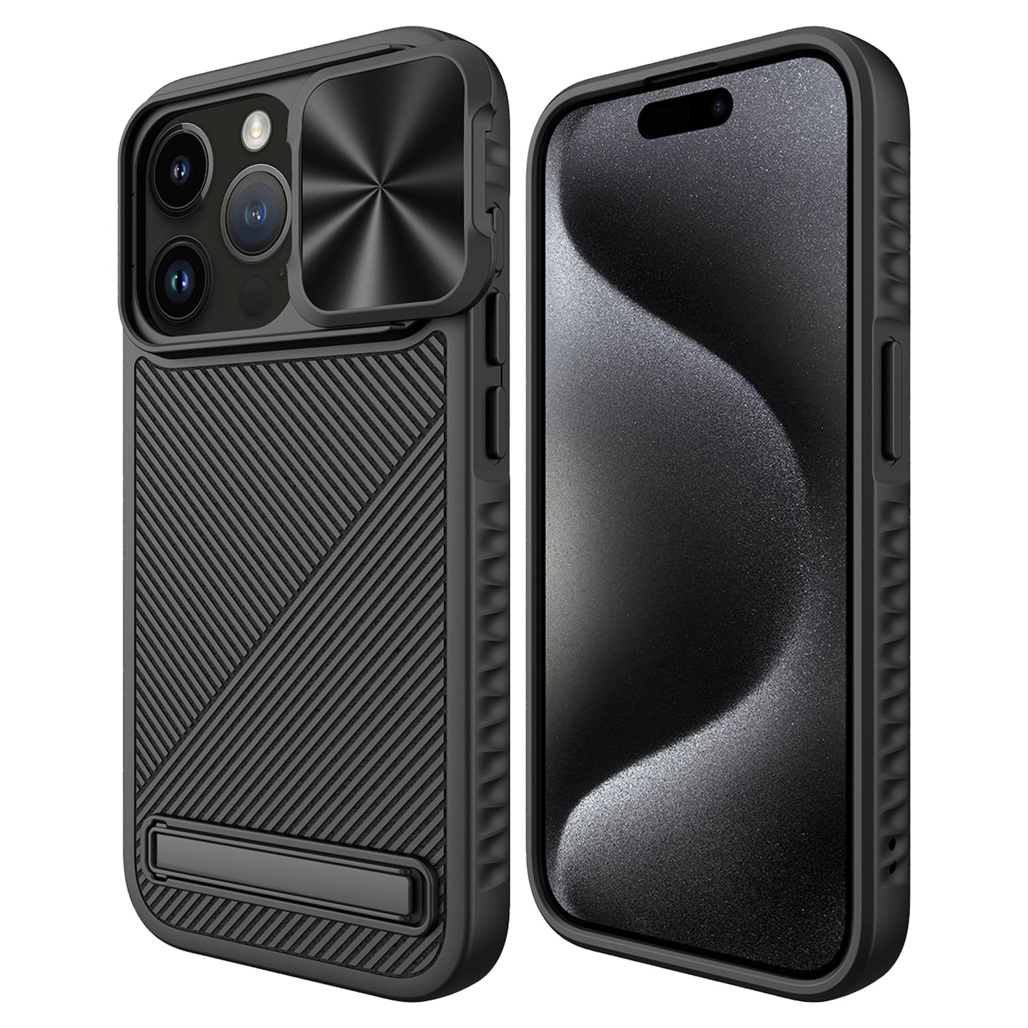 For iPhone 15 Pro Max Magnetic Phone Case Kickstand Twill Texture Slide Lens Cover - Black