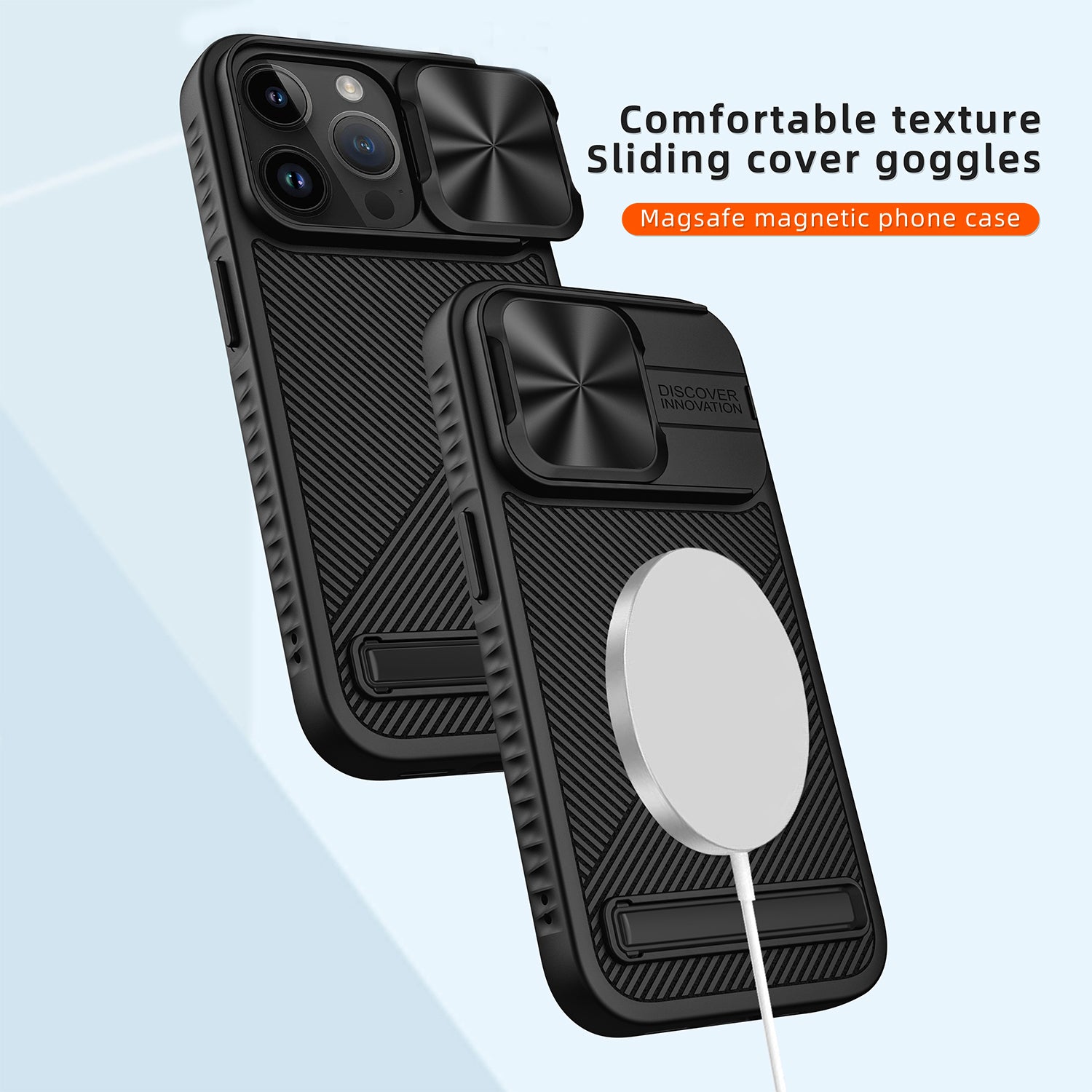 For iPhone 15 Pro Max Magnetic Phone Case Kickstand Twill Texture Slide Lens Cover - Black