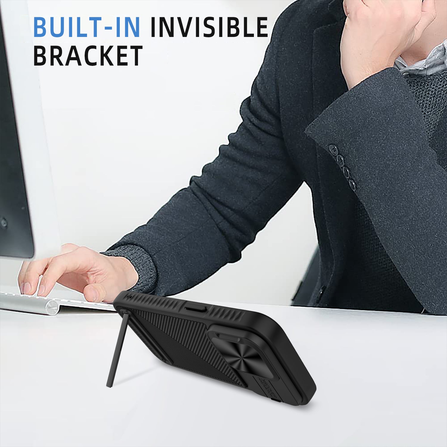 For iPhone 15 Pro Max Magnetic Phone Case Kickstand Twill Texture Slide Lens Cover - Black