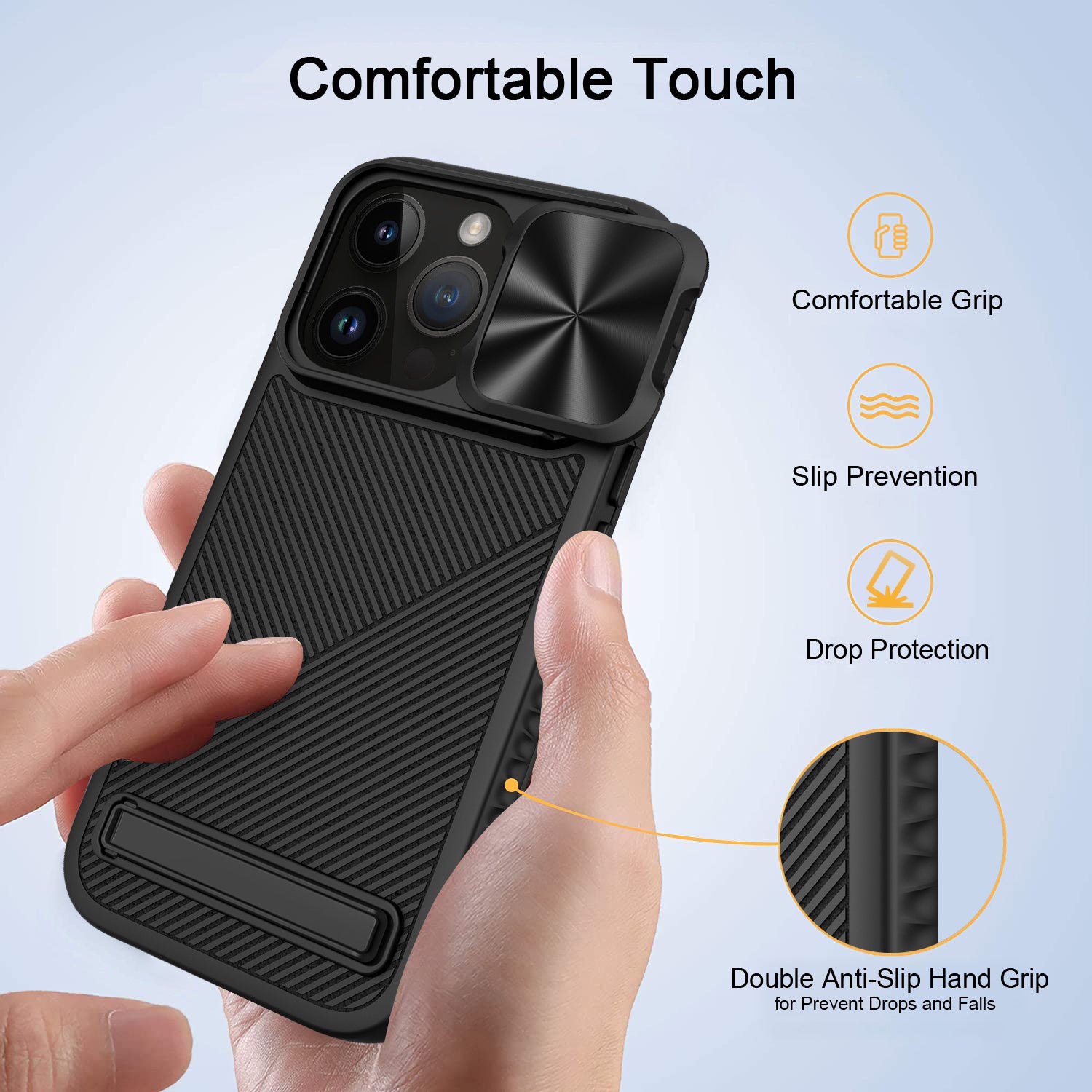 For iPhone 15 Pro Max Magnetic Phone Case Kickstand Twill Texture Slide Lens Cover - Black