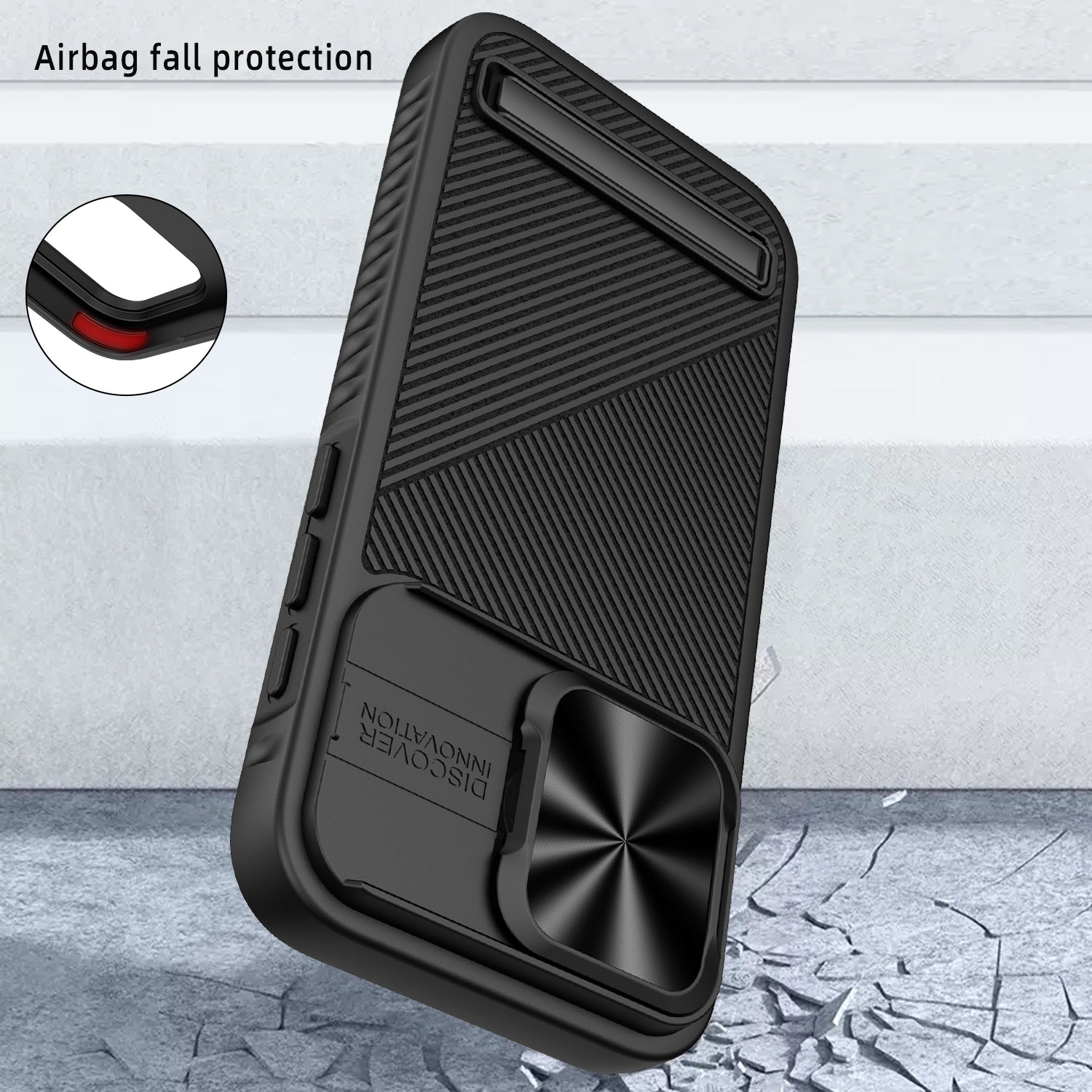 For iPhone 15 Pro Max Magnetic Phone Case Kickstand Twill Texture Slide Lens Cover - Black
