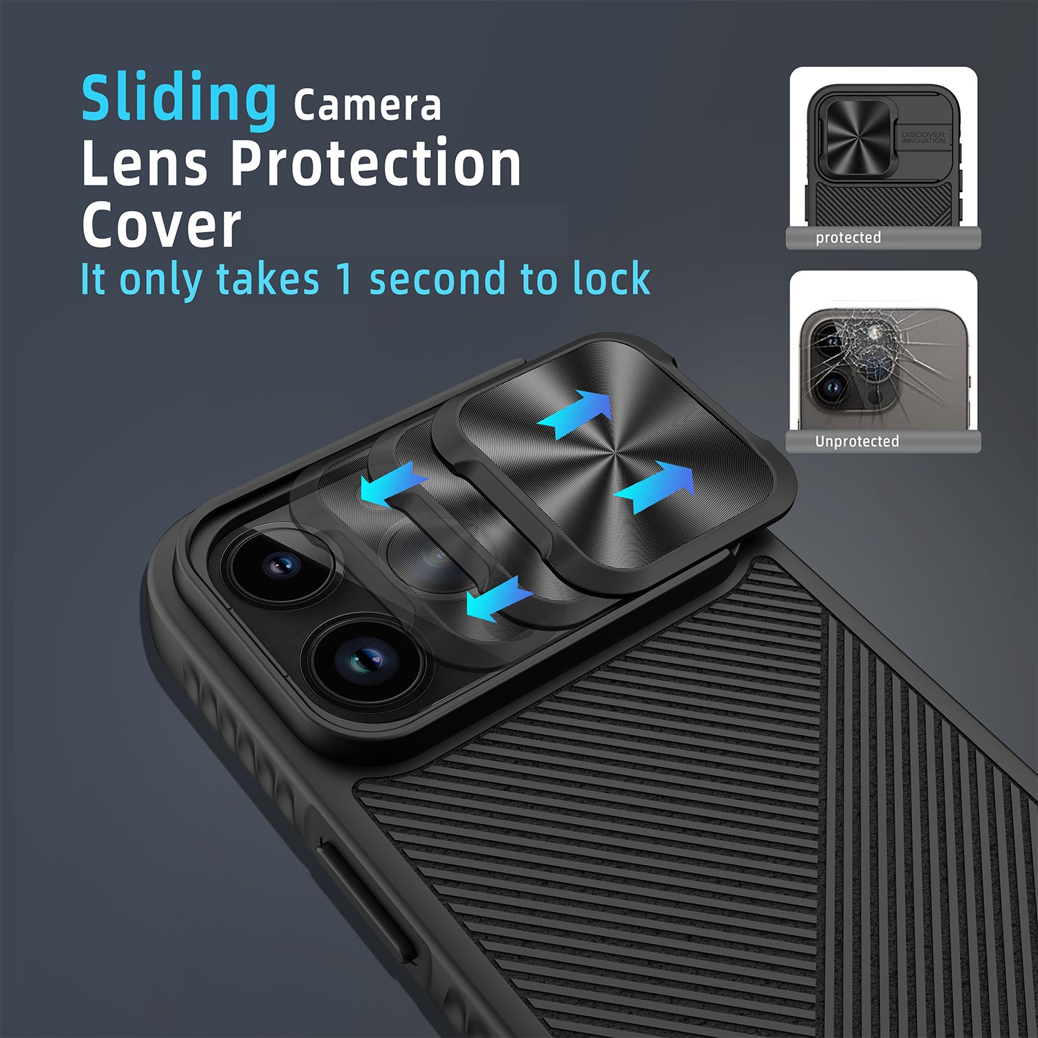 For iPhone 15 Pro Max Magnetic Phone Case Kickstand Twill Texture Slide Lens Cover - Black