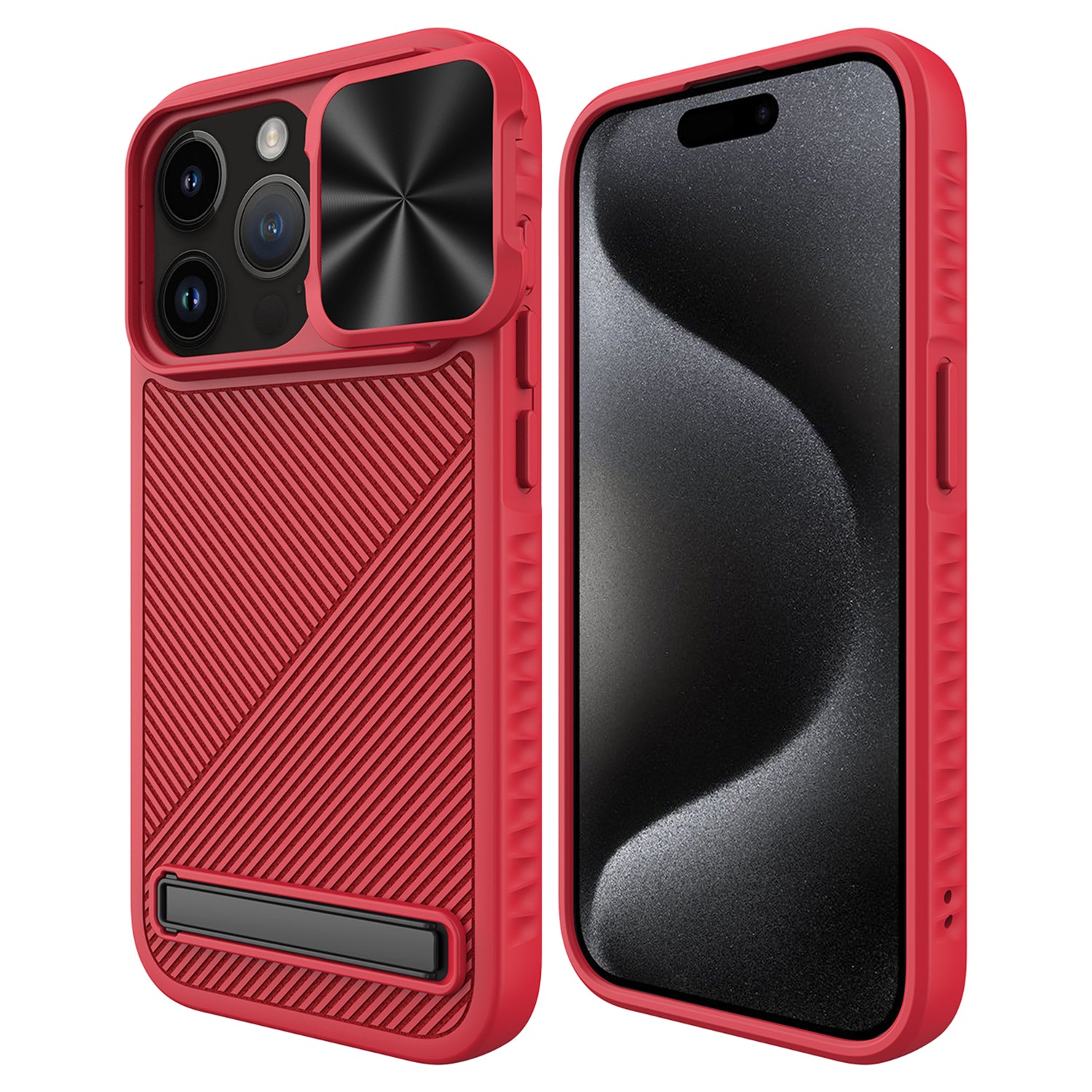 For iPhone 15 Pro Max Magnetic Phone Case Kickstand Twill Texture Slide Lens Cover - Black
