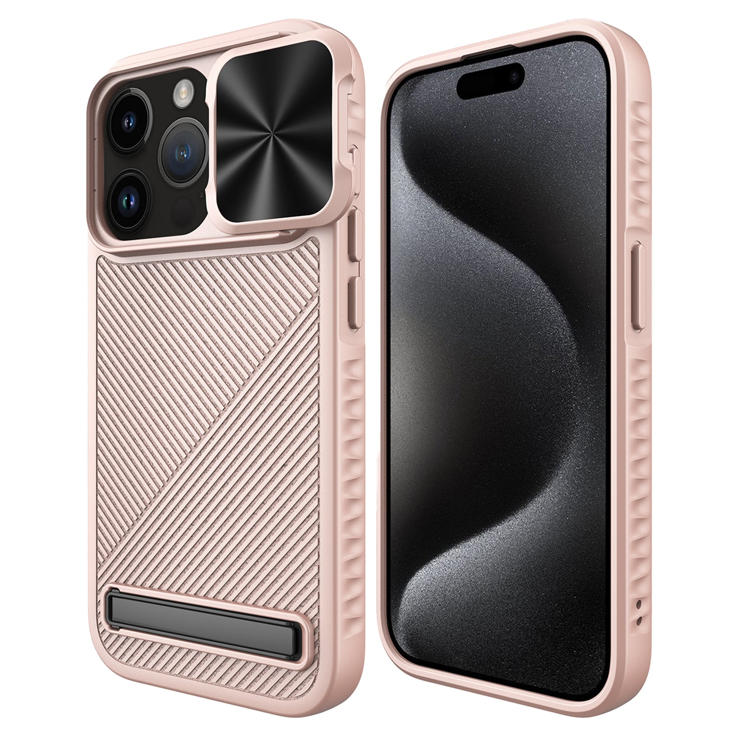 For iPhone 15 Pro Max Magnetic Phone Case Kickstand Twill Texture Slide Lens Cover - Black