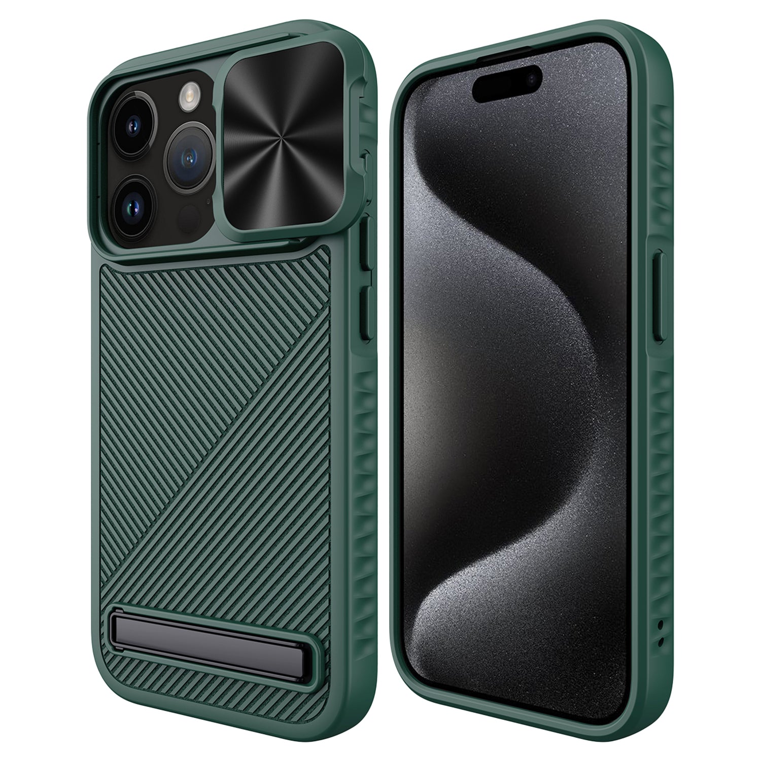 For iPhone 15 Pro Max Magnetic Phone Case Kickstand Twill Texture Slide Lens Cover - Black