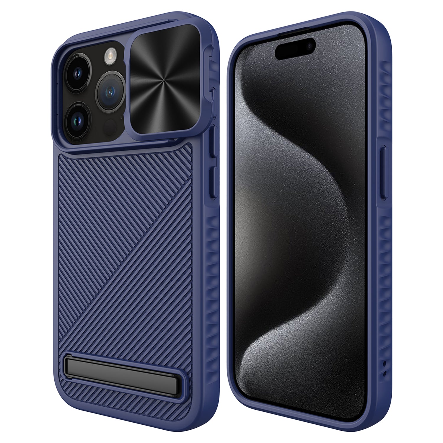 For iPhone 15 Pro Max Magnetic Phone Case Kickstand Twill Texture Slide Lens Cover - Black