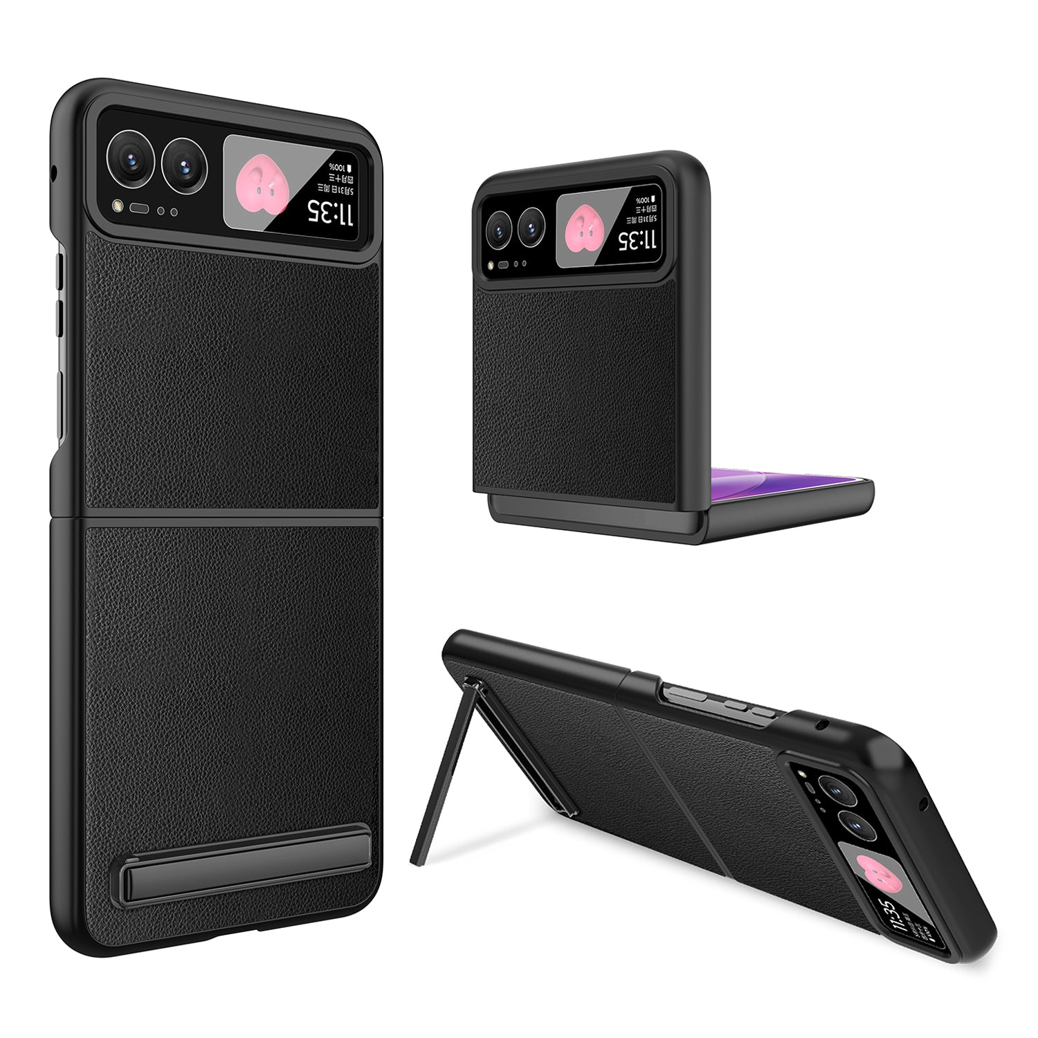 For Motorola Razr 40 5G Kickstand Case Leather+PC Cover with Rear Screen Film - Black