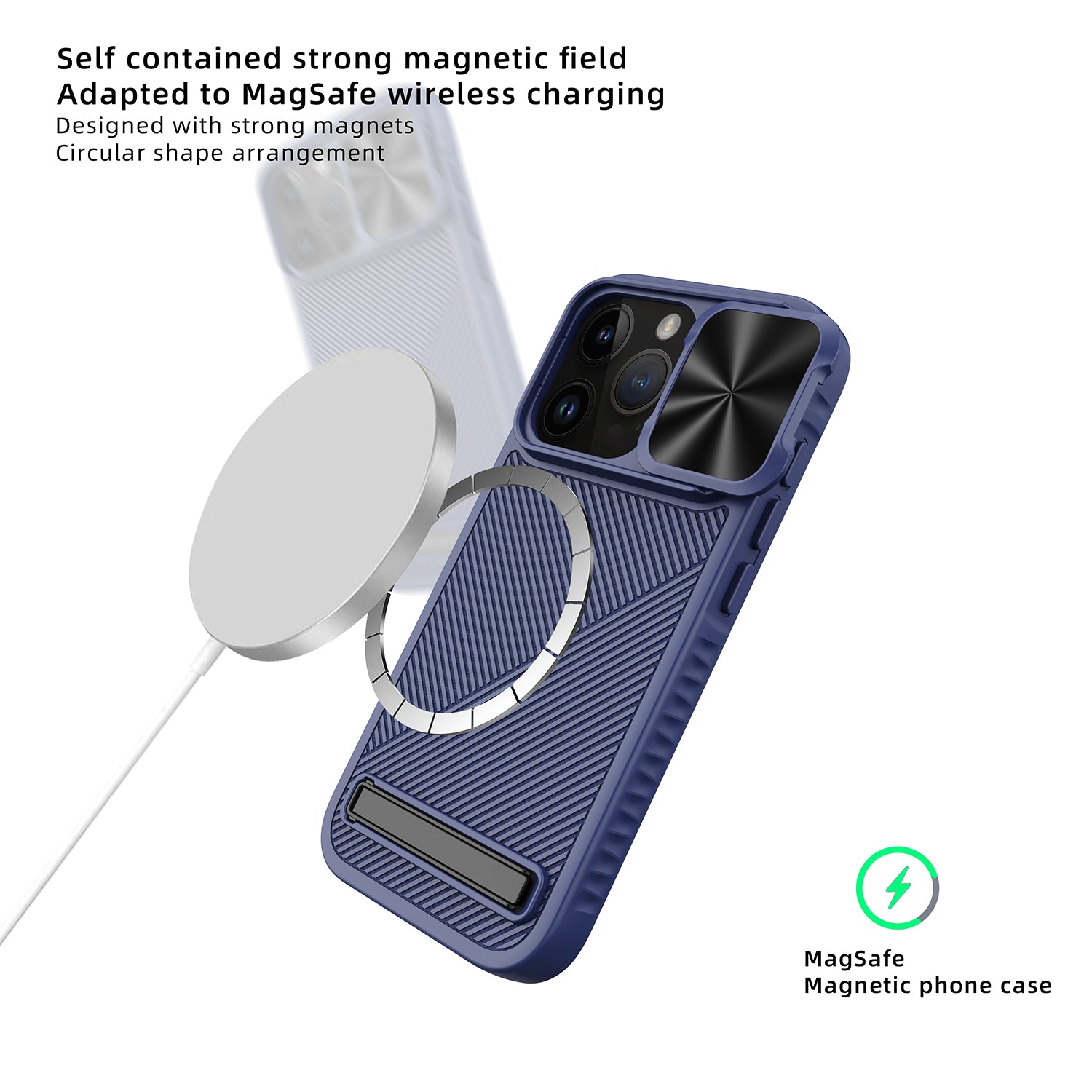 For iPhone 15 Pro Kickstand Case Slide Lens Lid Phone Cover Compatible with MagSafe - Black