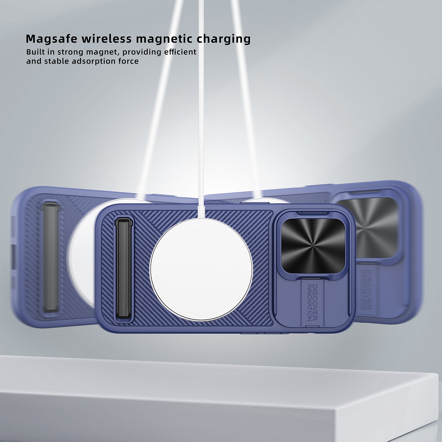 For iPhone 15 Pro Kickstand Case Slide Lens Lid Phone Cover Compatible with MagSafe - Black