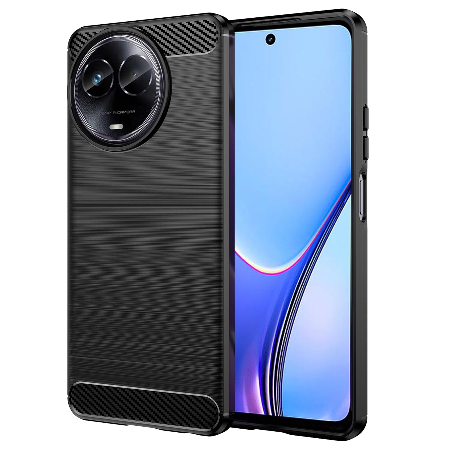 For Realme V50s 5G Case Shockproof Carbon Fiber Texture TPU Cell Phone Cover - Black
