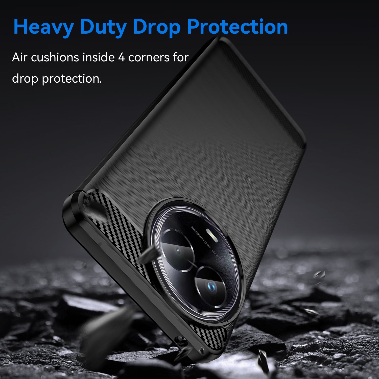 For Realme V50s 5G Case Shockproof Carbon Fiber Texture TPU Cell Phone Cover - Black