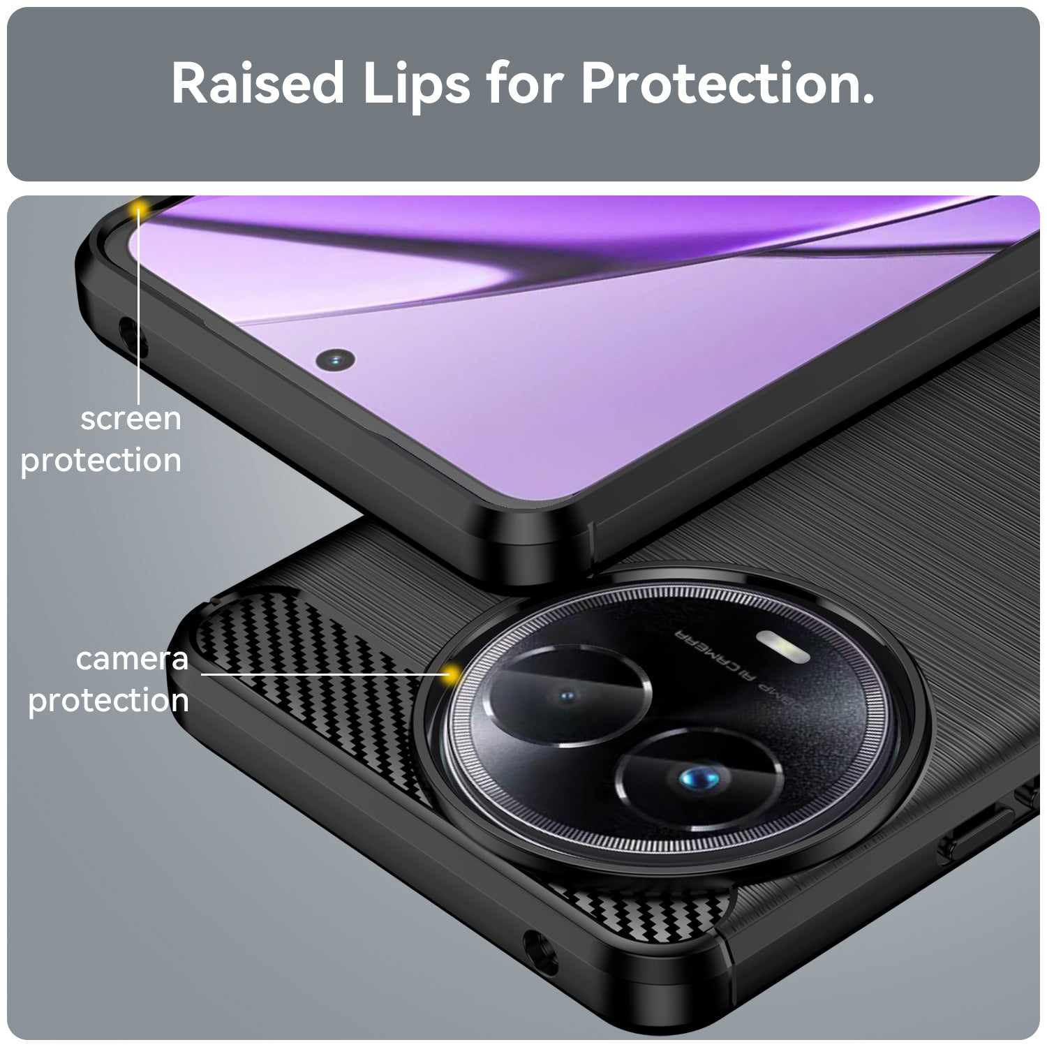 For Realme V50s 5G Case Shockproof Carbon Fiber Texture TPU Cell Phone Cover - Black