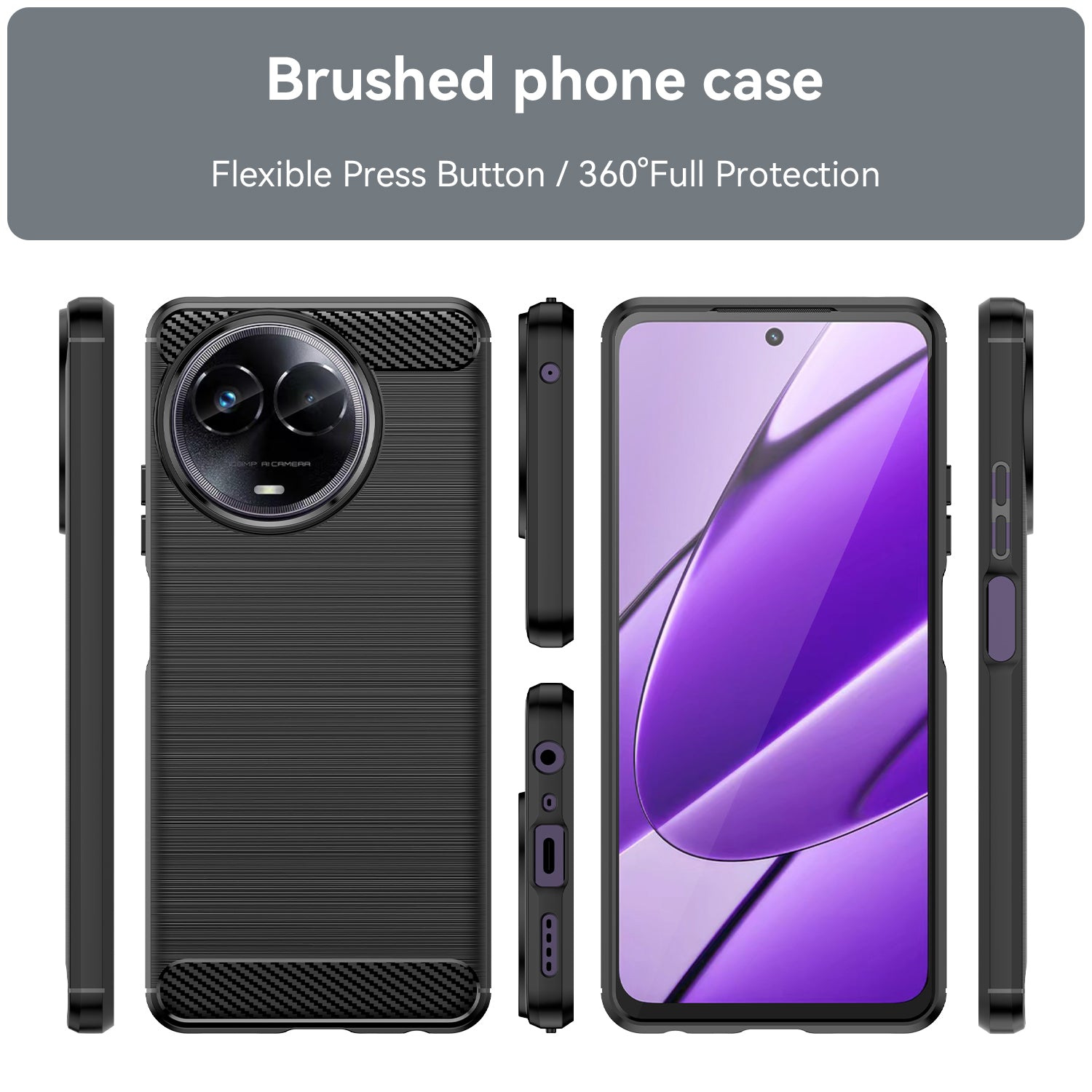 For Realme V50s 5G Case Shockproof Carbon Fiber Texture TPU Cell Phone Cover - Black
