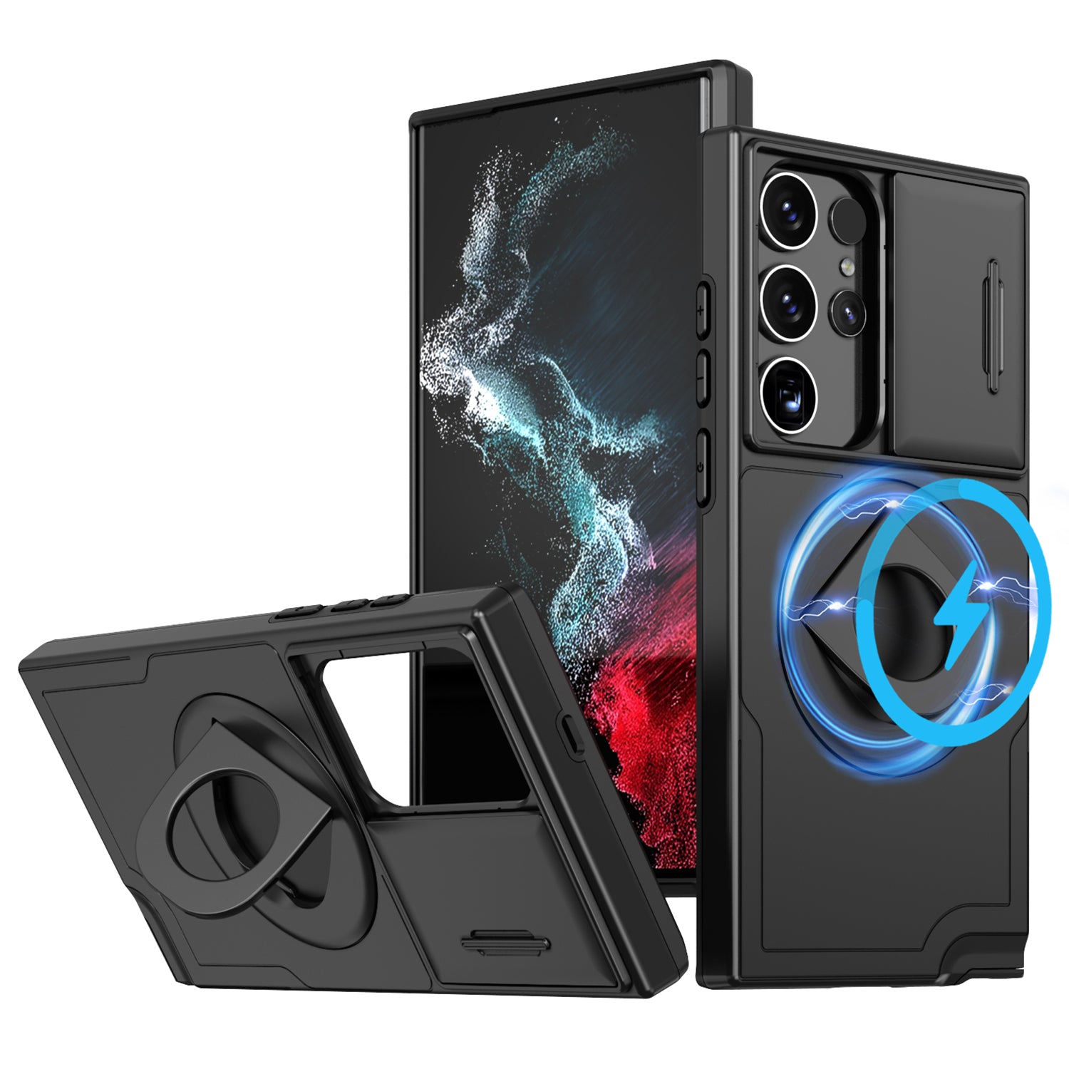 For Samsung Galaxy S22 Ultra 5G Magnetic Case Slide Lens Window N52 Magnet+PC+TPU Phone Cover - Black