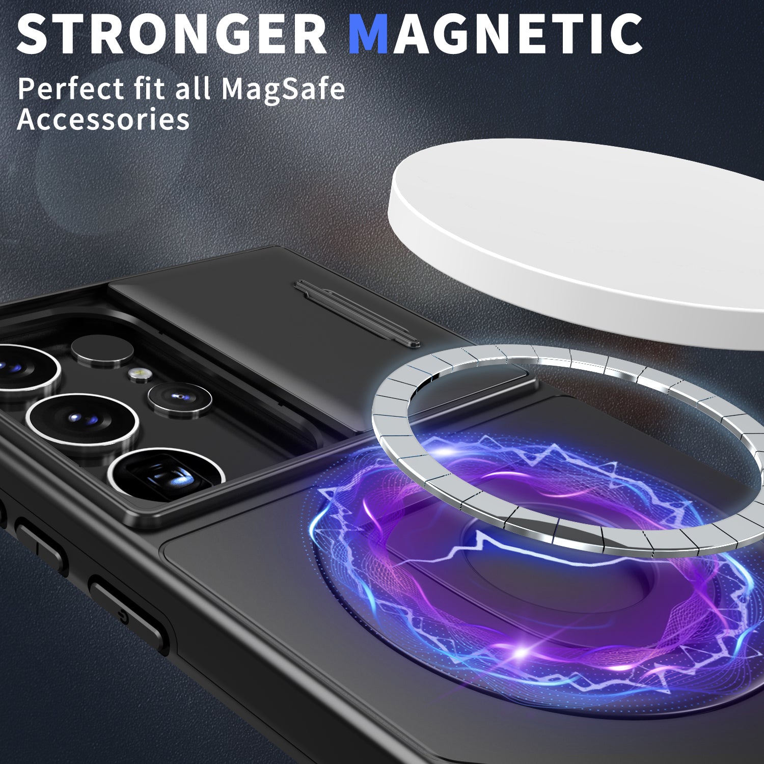 For Samsung Galaxy S22 Ultra 5G Magnetic Case Slide Lens Window N52 Magnet+PC+TPU Phone Cover - Black