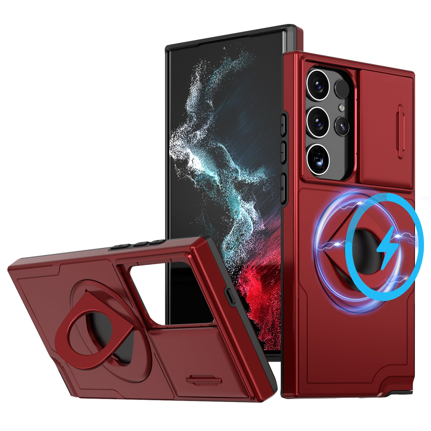 For Samsung Galaxy S22 Ultra 5G Magnetic Case Slide Lens Window N52 Magnet+PC+TPU Phone Cover - Black