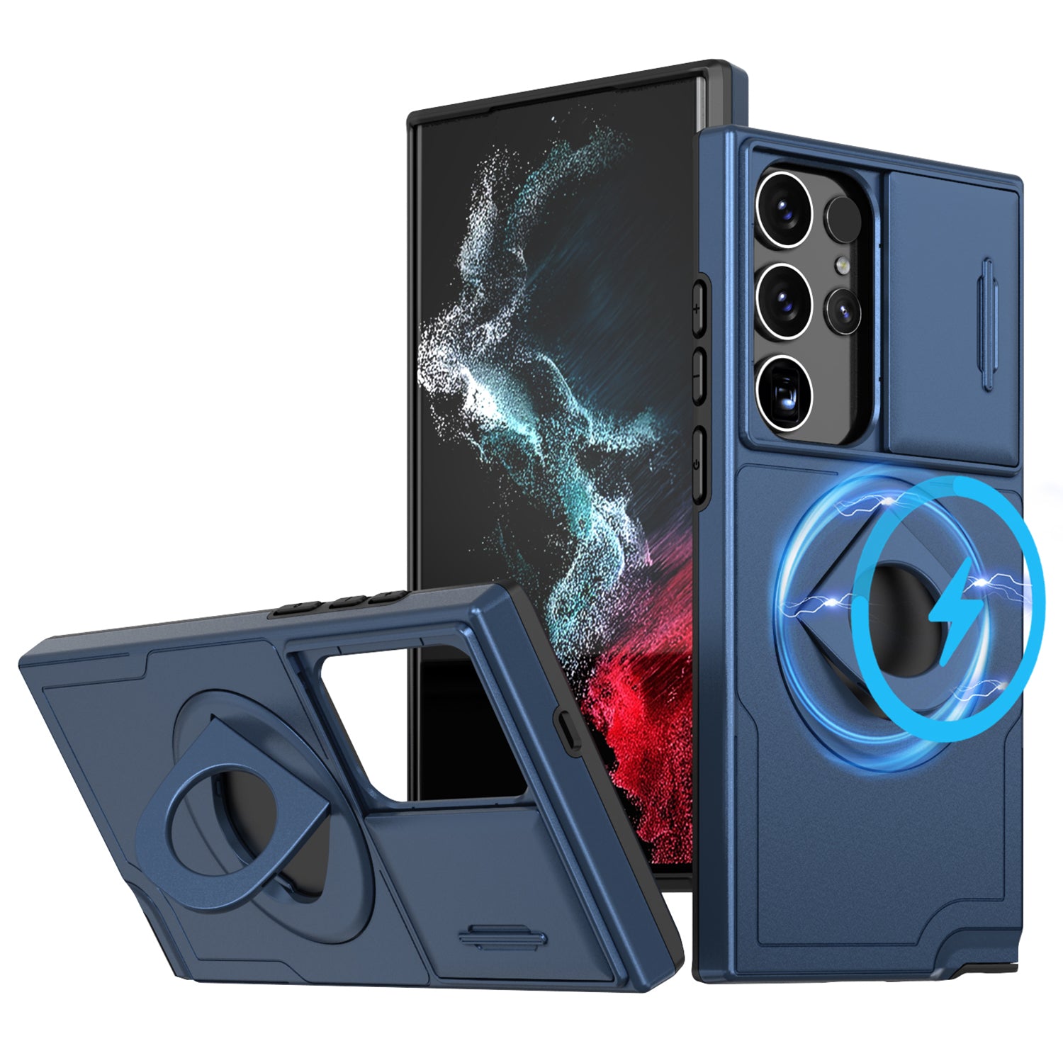 For Samsung Galaxy S22 Ultra 5G Magnetic Case Slide Lens Window N52 Magnet+PC+TPU Phone Cover - Black