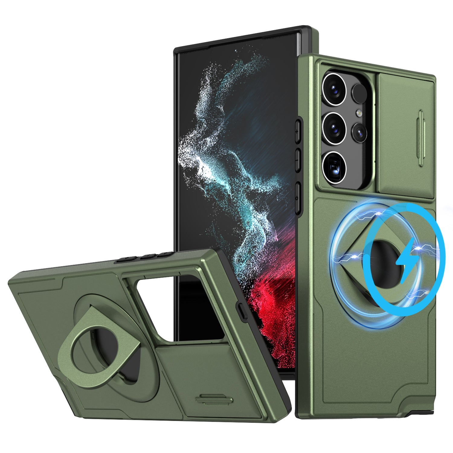 For Samsung Galaxy S22 Ultra 5G Magnetic Case Slide Lens Window N52 Magnet+PC+TPU Phone Cover - Black